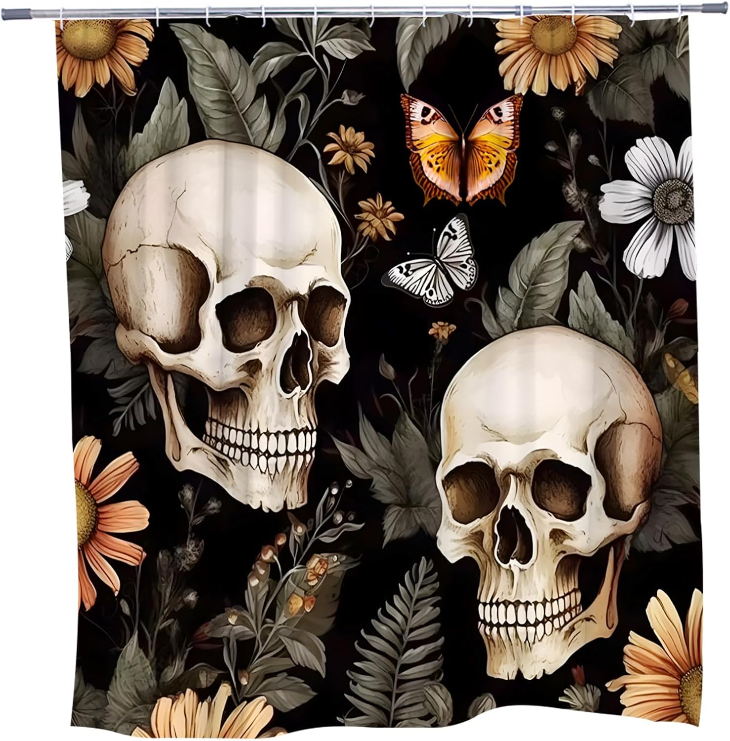 Skull Floral Shower Curtain Gothic Halloween Skeleton Bathroom Curtains Wildflowers Daisies Horror Spooky Vintage Flower Butterfly Art Black Bathtub Decor with Hooks 108 x 70 in