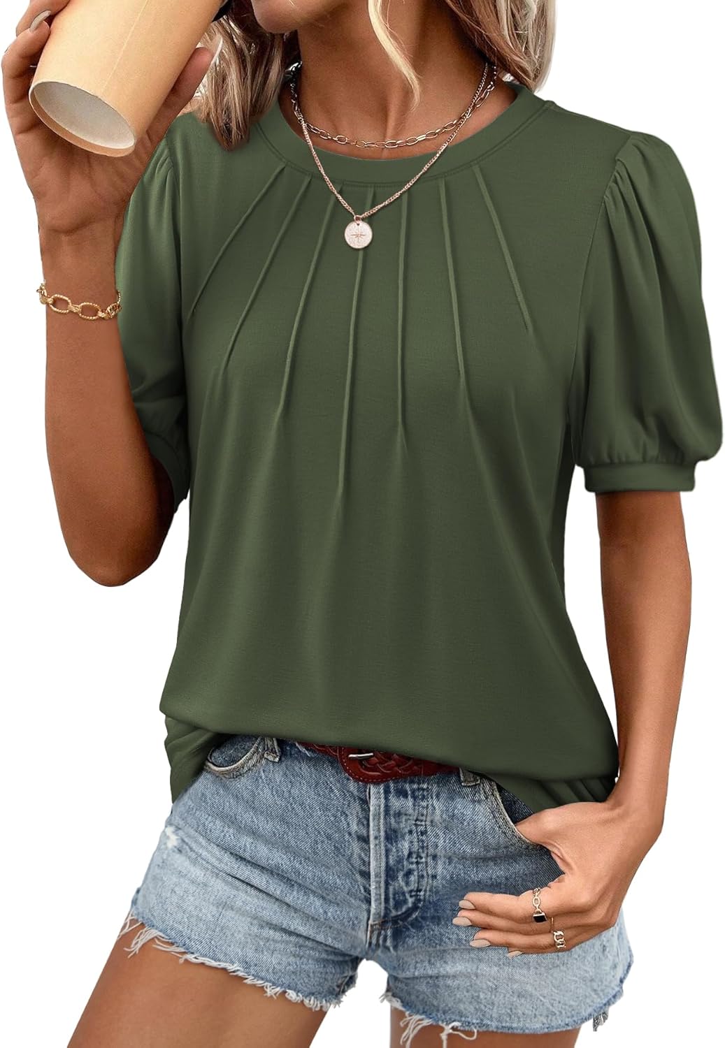 ATHMILE Womens Cute Summer Tops Puff Short Sleeve Shirts Dressy Blouses Trendy Business Casual Outfits