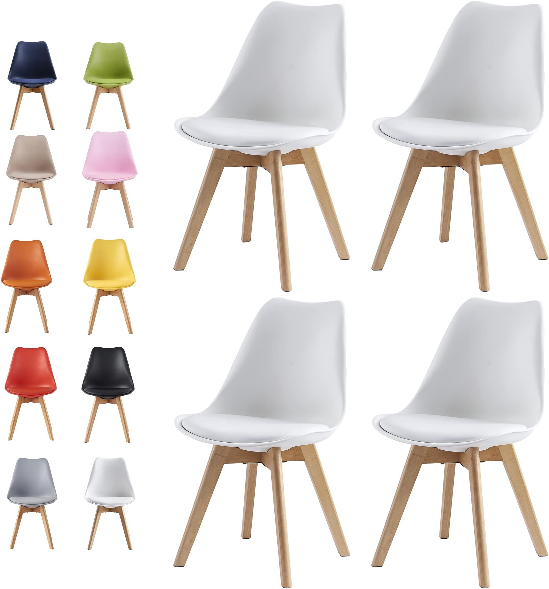 mcc direct Set of 4 Dining Chairs Wooden Legs Soft Cushion Pad Stylish DELUXE Retro Lounge Dining Office EVA (White)