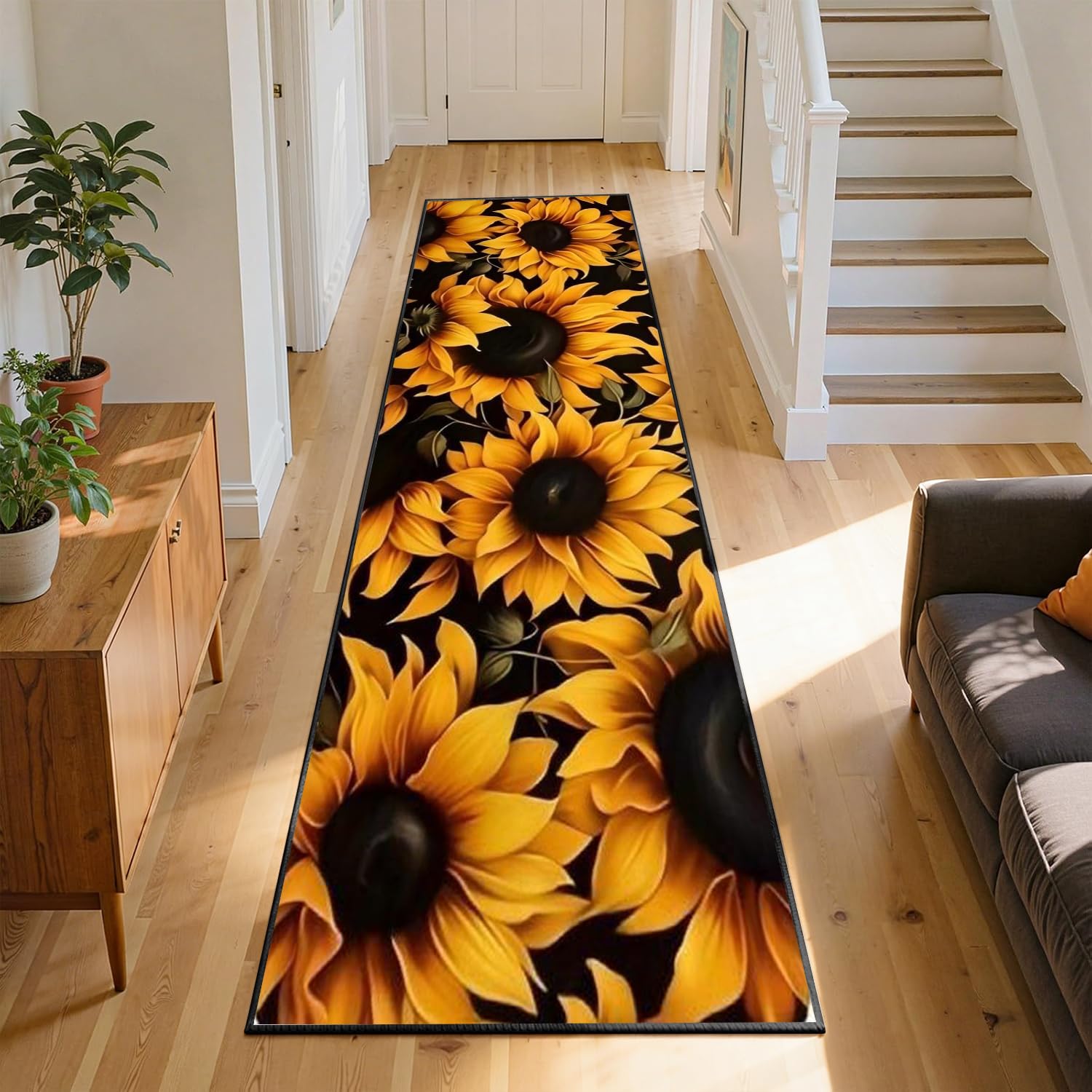 SMXVRC Modern Sunflower Area Runner Rug, 160x210cm, Vibrant Yellow Floral Kitchen Floor Mat, Anti-Slip Long Hallway Carpet for Living Room, Bedroom Office Decor, Housewarming Gift for Home