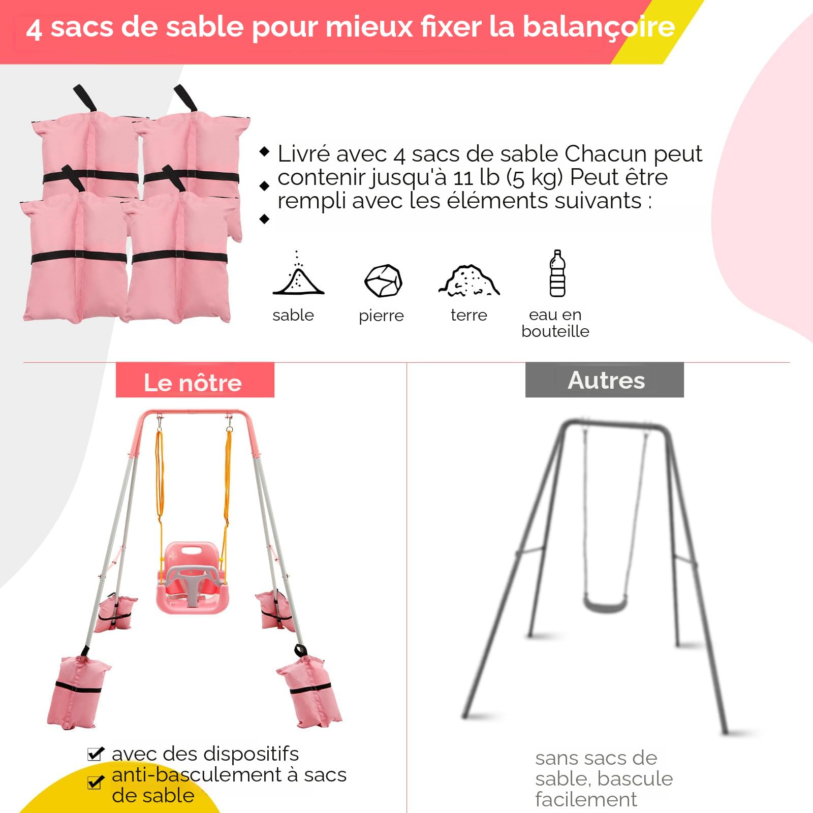 FUNLIO Ensemble De Balançoire 3 En 1 Pour Tout-petits Avec 4 Sacs De Sable, Ensemble De Balançoire Robuste Avec Harnais De Sécurité Pour Jardin, Jeu Intérieur/extérieur, Support Pliable En Métal Et