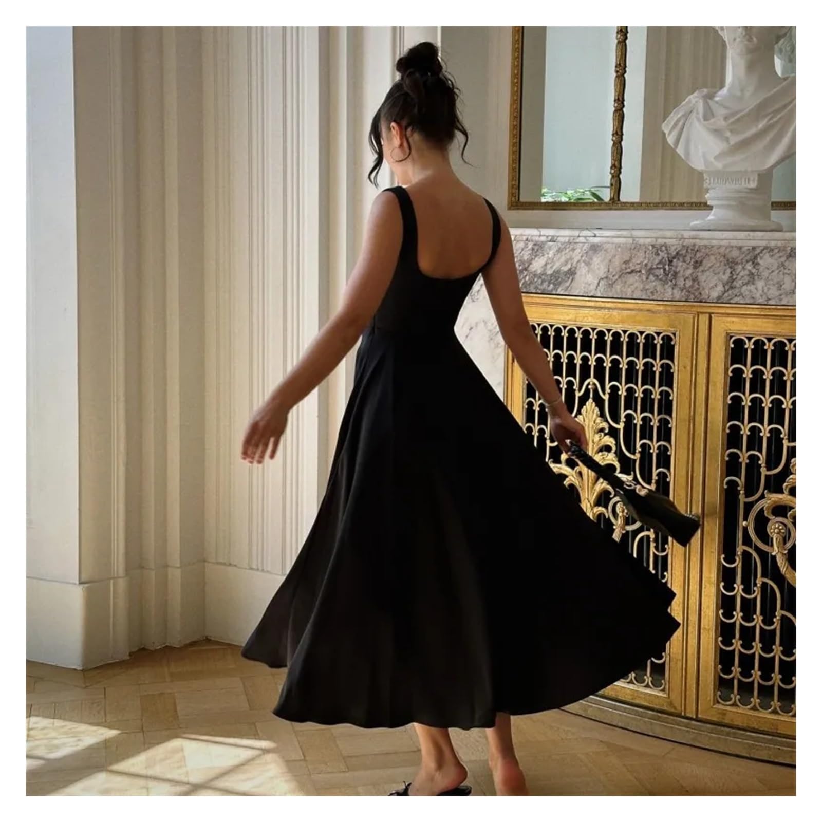 Fond De Robe Femme Robe d'été longue à bretelles, col carré, couleur unie, sans manches, tendance, for femme