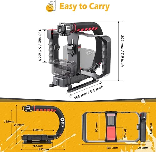 Miniatura 7 de Zeadio Estabilizador de mano para cámara con soporte de jaula de video para teléfono inteligente, agarre triple de mango de zapata fría compatible