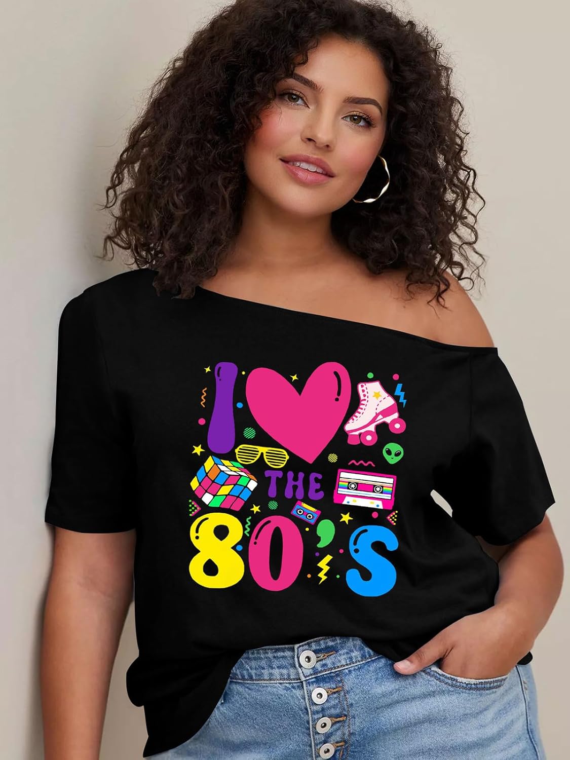 80s Shirts for Women Retro Off The Shoulder Top Disco 80s 90s Theme Party Outfit - Image 2