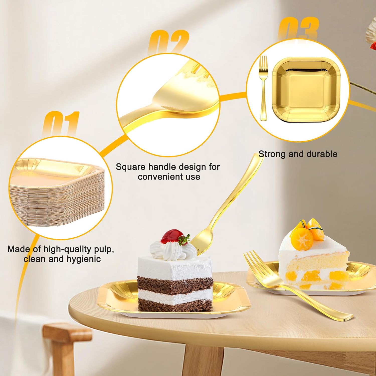 Dandat 200 Pieces Gold Paper Square Plates with Plastic Forks - Include 100 Pcs Disposable 7 in Dinner Plates,100 Pcs Gold Plastic Forks 7.28 in for Wedding, Birthday or Party Use