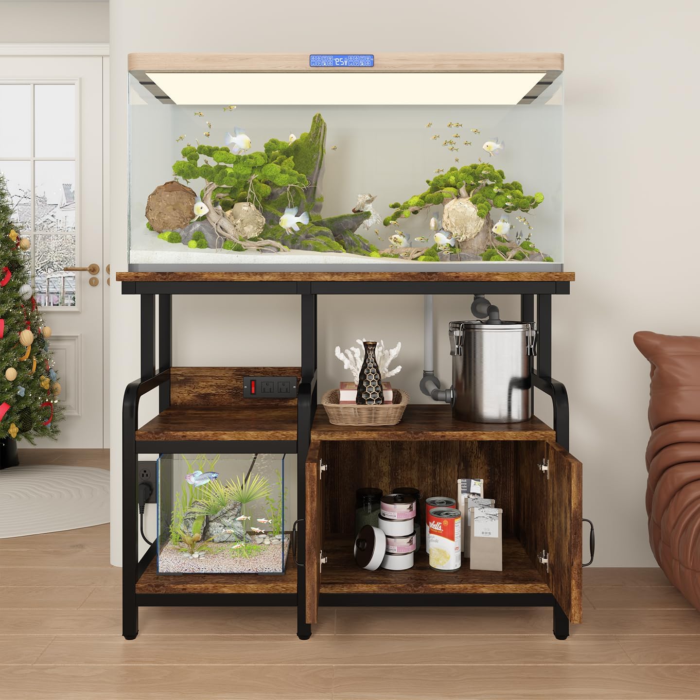 Multi-Tier Aquarium Stand for 20–37 Gallon Fish Tanks, Heavy-Duty 29/30/40 Gallon Fish Tank Stand with Storage Cabinet, Curved Safety Frame, Steel Frame 750 lbs Capacity, Reptile & Terrarium Tank Stand for Home Office