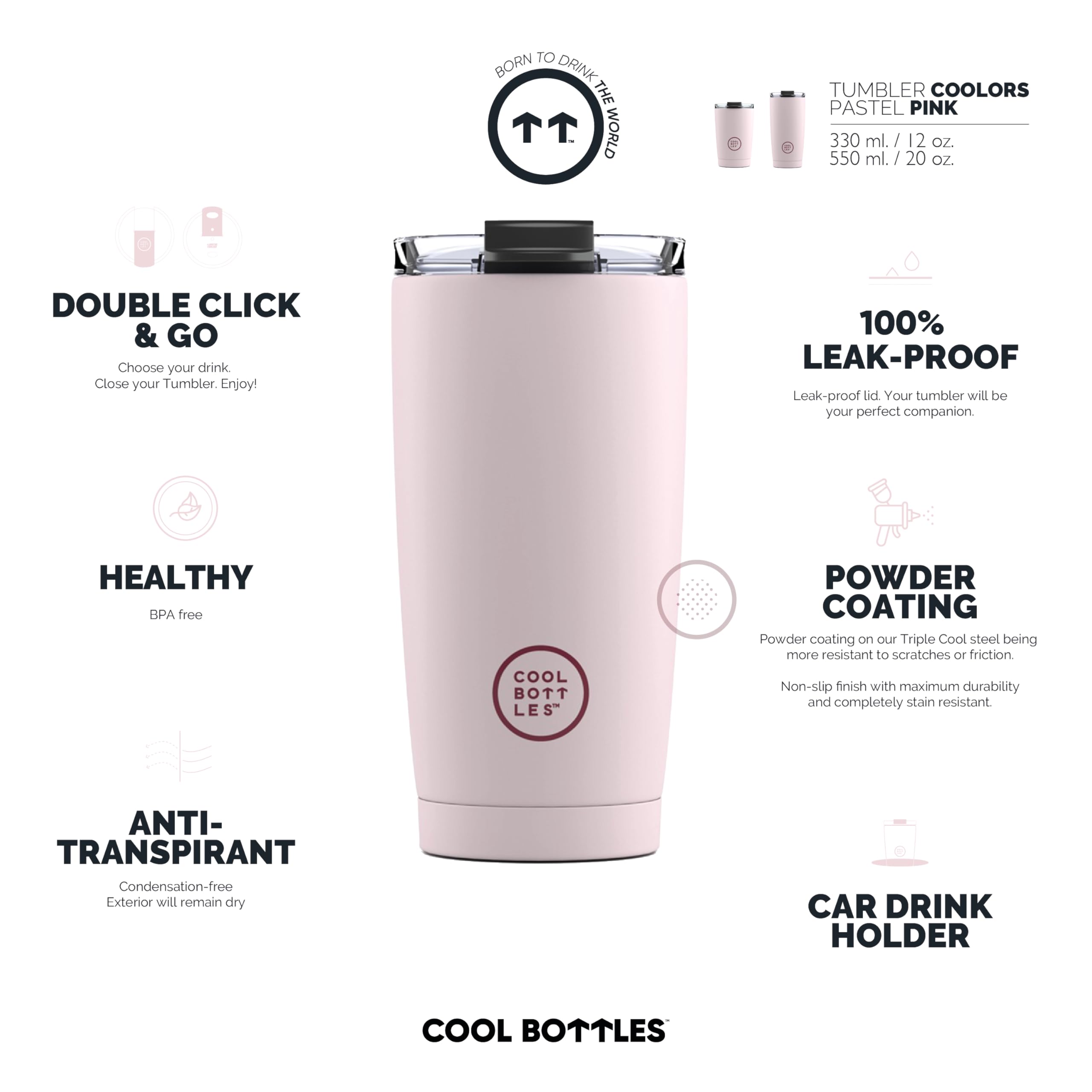 Cool Bottles - Tumbler - Bicchiere Termico in Acciaio Inossidabile - 550 ml - Pastel Pink - Tazza da Caffè - Coperchio Ermetico - Bevande Fredde 10 ore e Calde 5 ore - Finitura Antimacchia