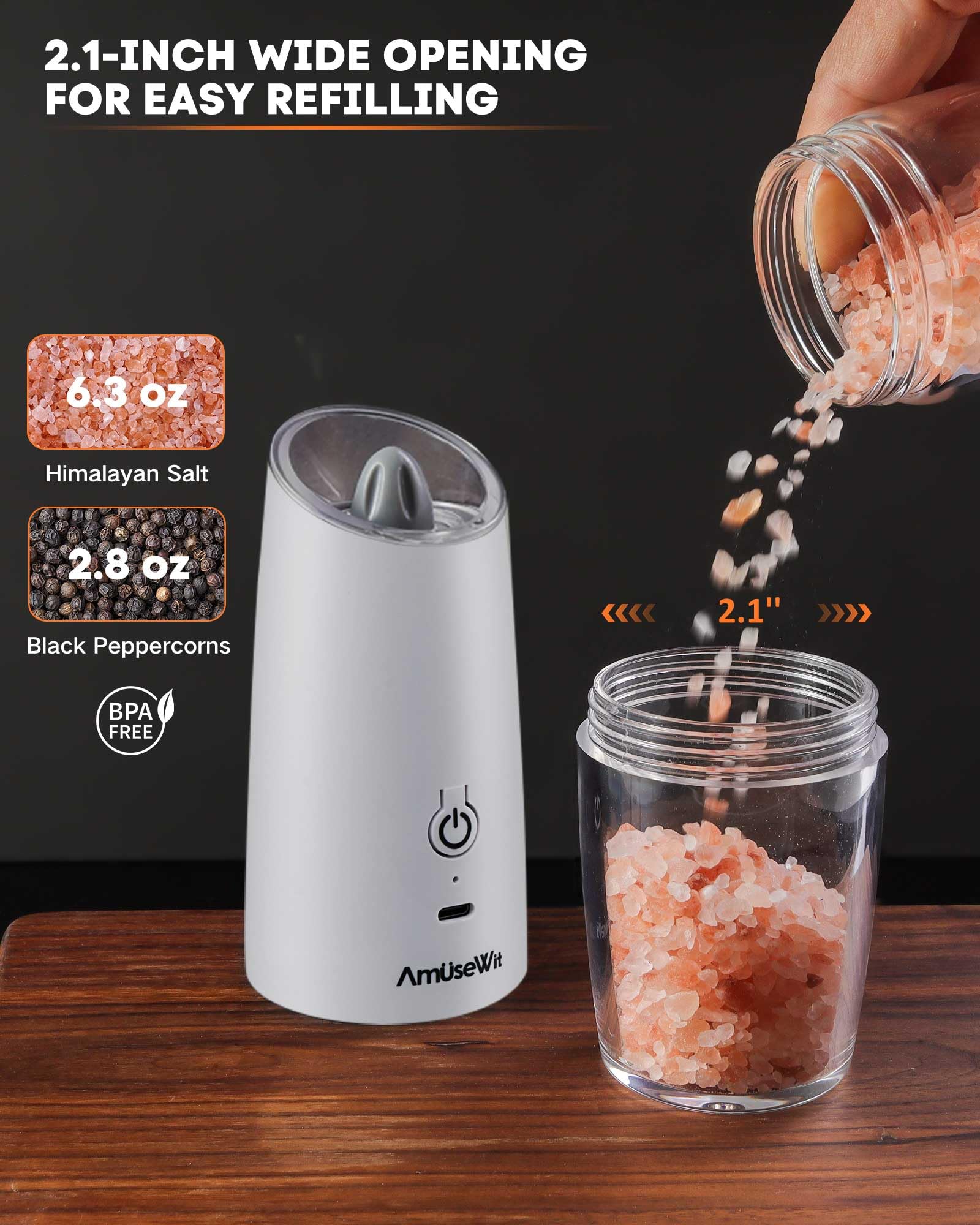 AmuseWit Gravity - Juego de molinillos eléctricos de sal y pimienta [luz blanca] molinillos de pimienta y sal automáticos recargables por USB, grosor ajustable, funcionamiento con una sola mano,