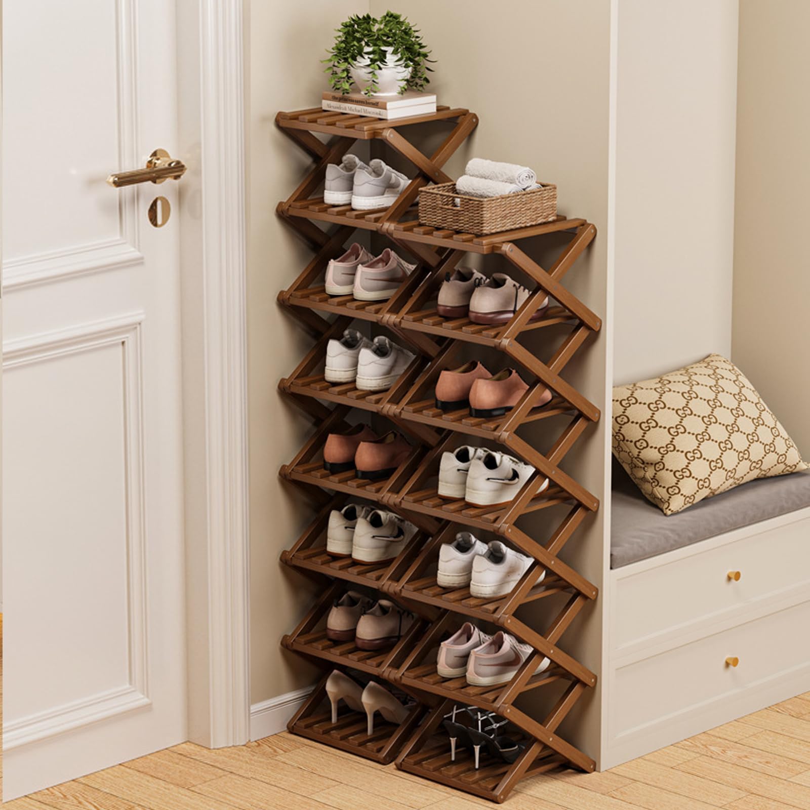 Scarpiera Pieghevole Stretta Verticale Salvaspazio Organizer In Bambù Struttura Stabile Scarpiera Angolare Pieghevole Senza Montaggio Per Piccoli Appartamenti Bagno Brown 8-tier
