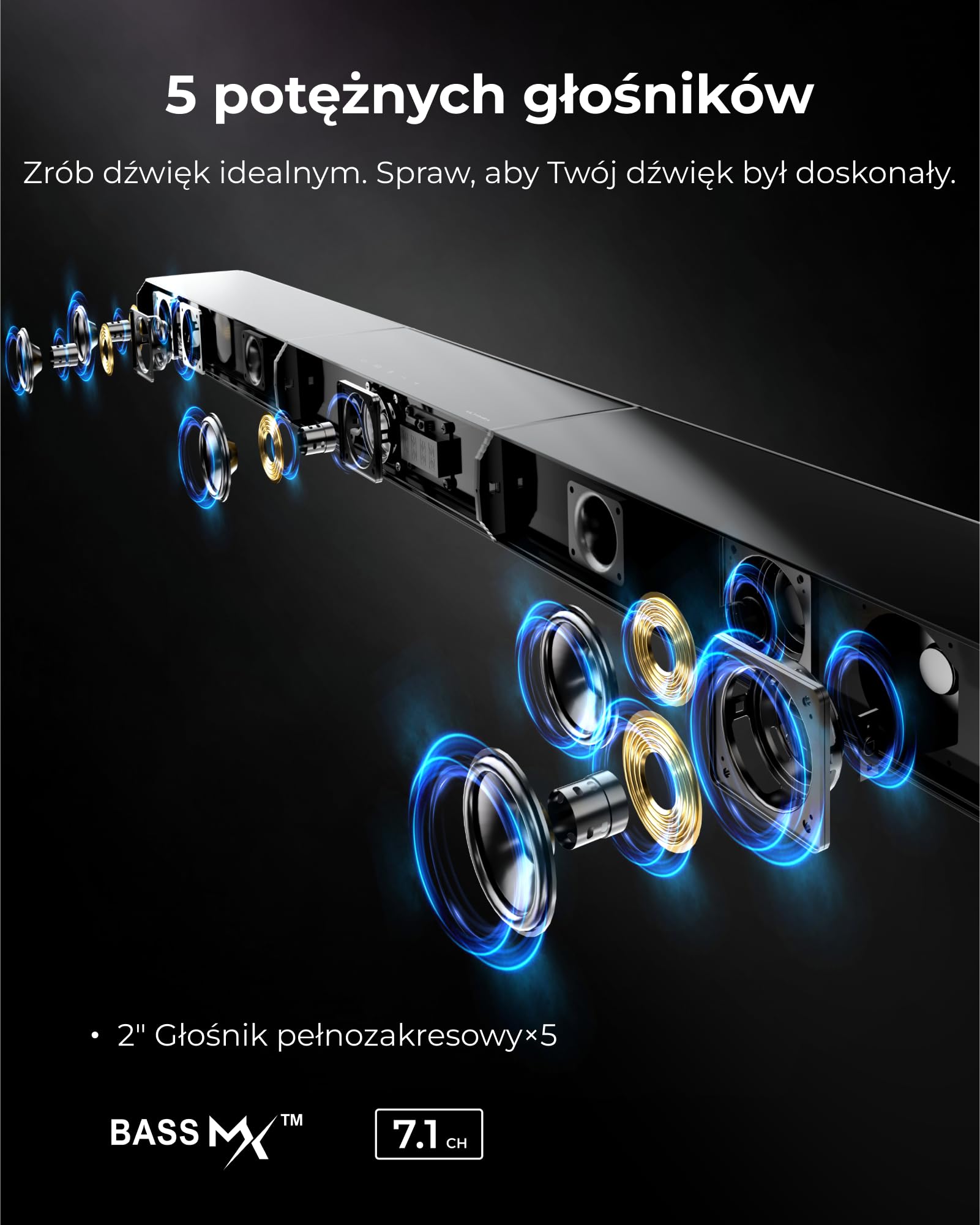 ULTIMEA 7.1ch Virtual Surround Sound Bar, soundbar do telewizorów z 2 głośnikami Surround, system dźwięku przestrzennego do telewizorów ze światłem RGB, subwooferem 6,5", aplikacją, HDMI/Opt/AUX/BT,