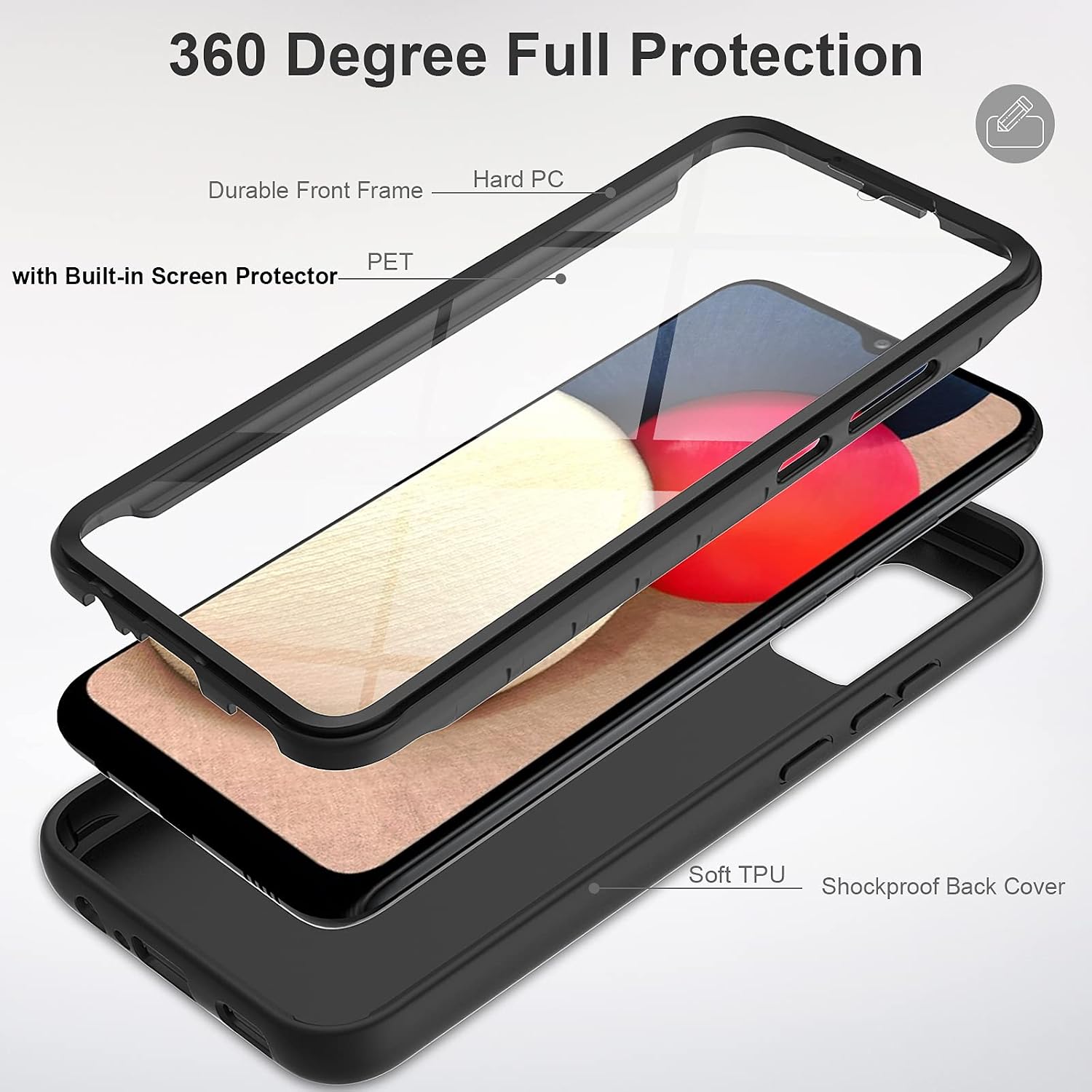 for Samsung Galaxy A02s Case with Built-in Screen Protector, Full Body Protection Shockproof Cover Case, [Rugged PC Front Bumper + Soft TPU Back Cover] Armor Protective Phone Case (Black)