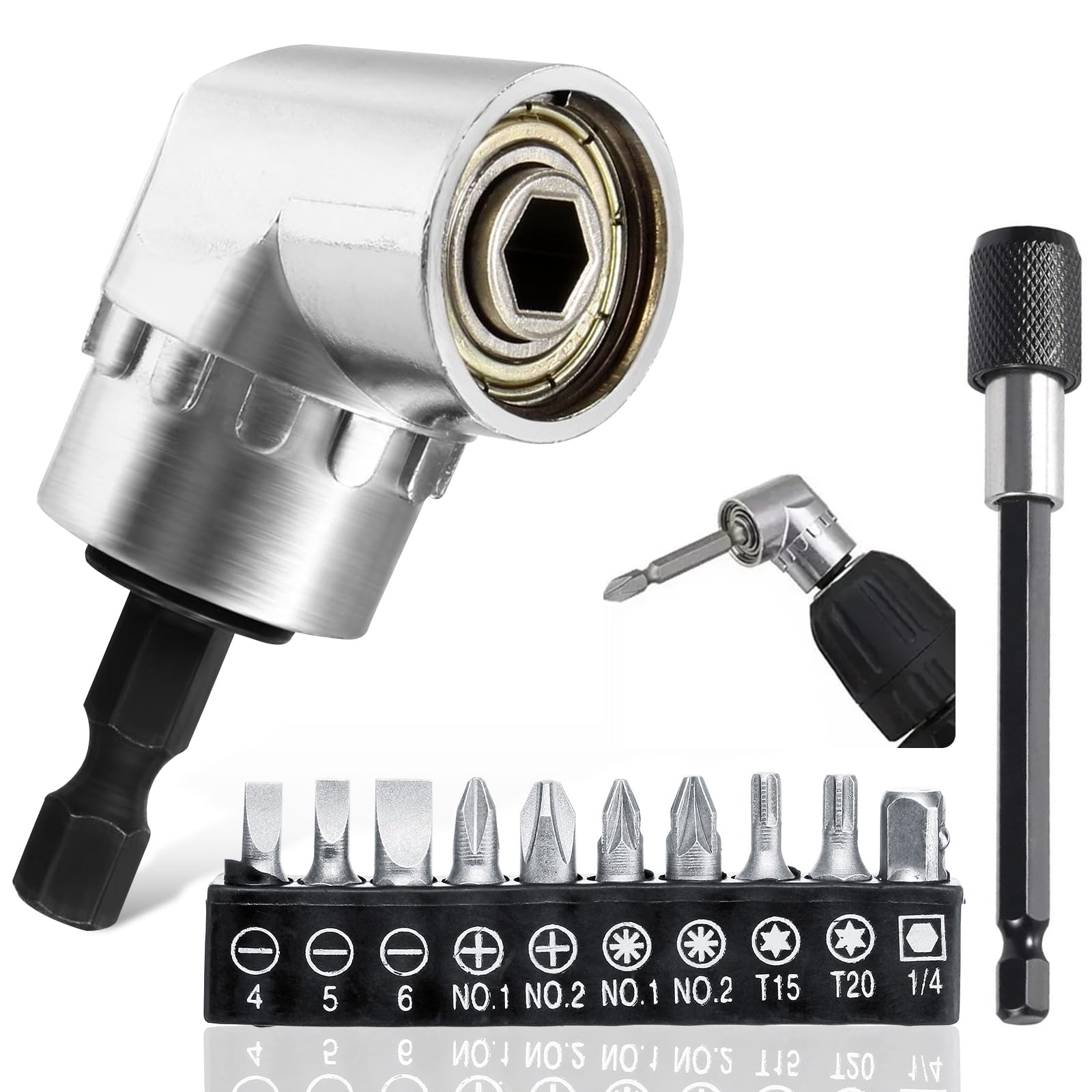 Vakki 12 Pack 105 Degree Right Angle Drill Attachment with 10cm Magnetic Extension Bit Holder and 10 Screwdriver Bits Set
