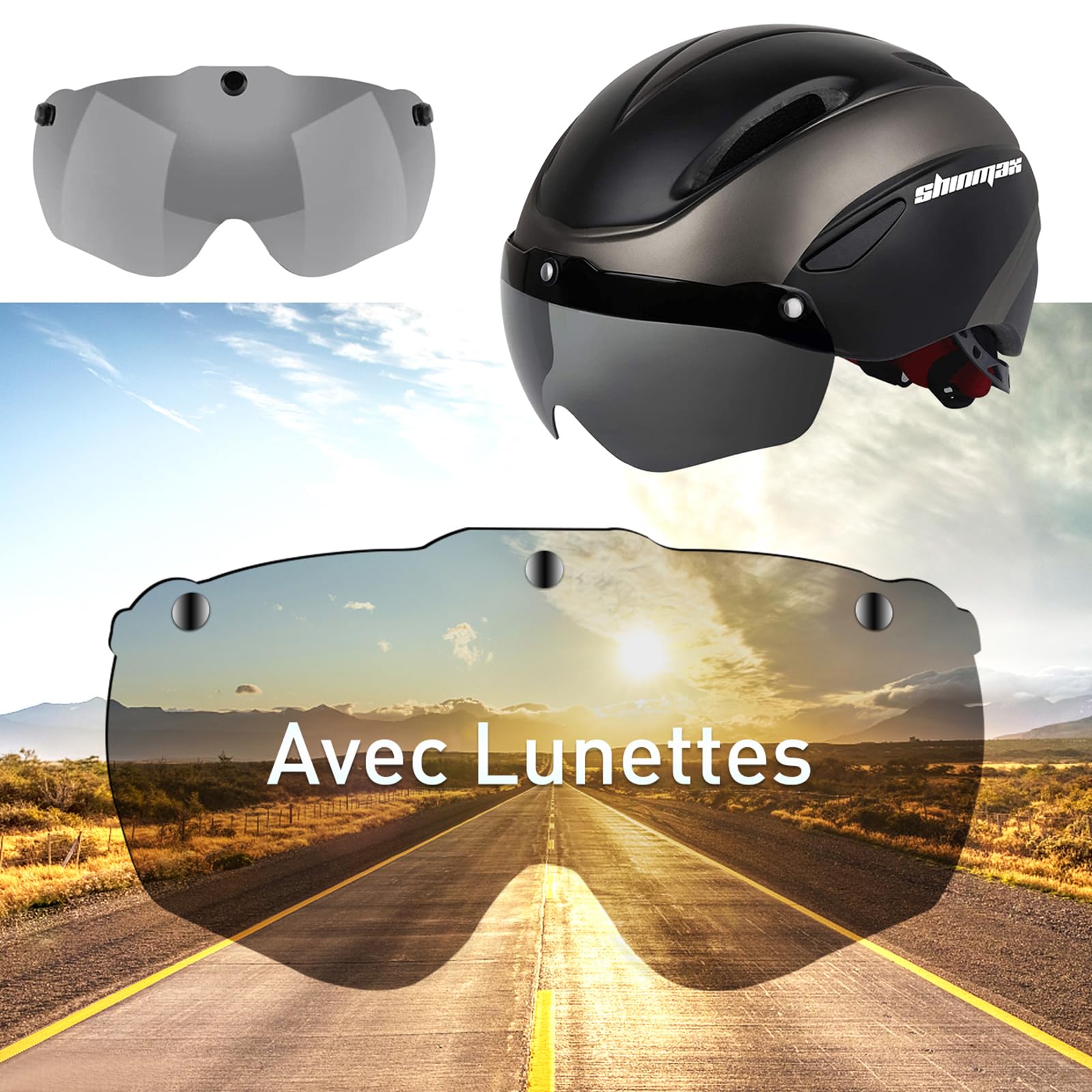 Shinmax Casque de vélo pour Homme et Femme, certifié CE, Casque de Cyclisme avec Lunettes magnétiques Amovibles, visière, Casque de VTT réglable pour Adulte, Casque de vélo réglable, Protection de