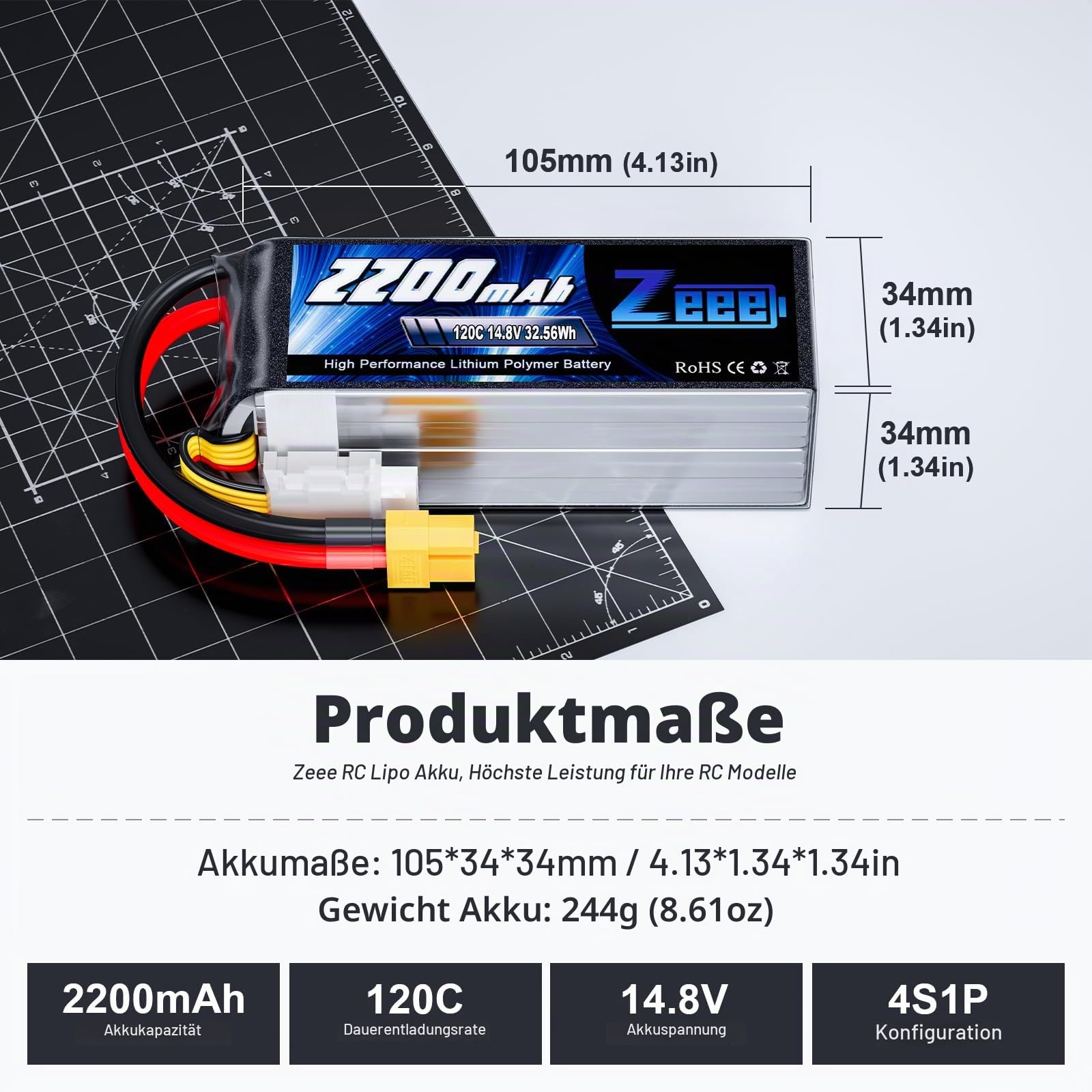 Zeee 4S Lipo Akku, RC Akku 14,8V 2200mAh 120C Lipo Batterien mit XT60 Stecker für UAV Drones FPV Rennrad Quadcopters Flugzeug Hubschrauber RC Boot RC Auto (2 Packungen)