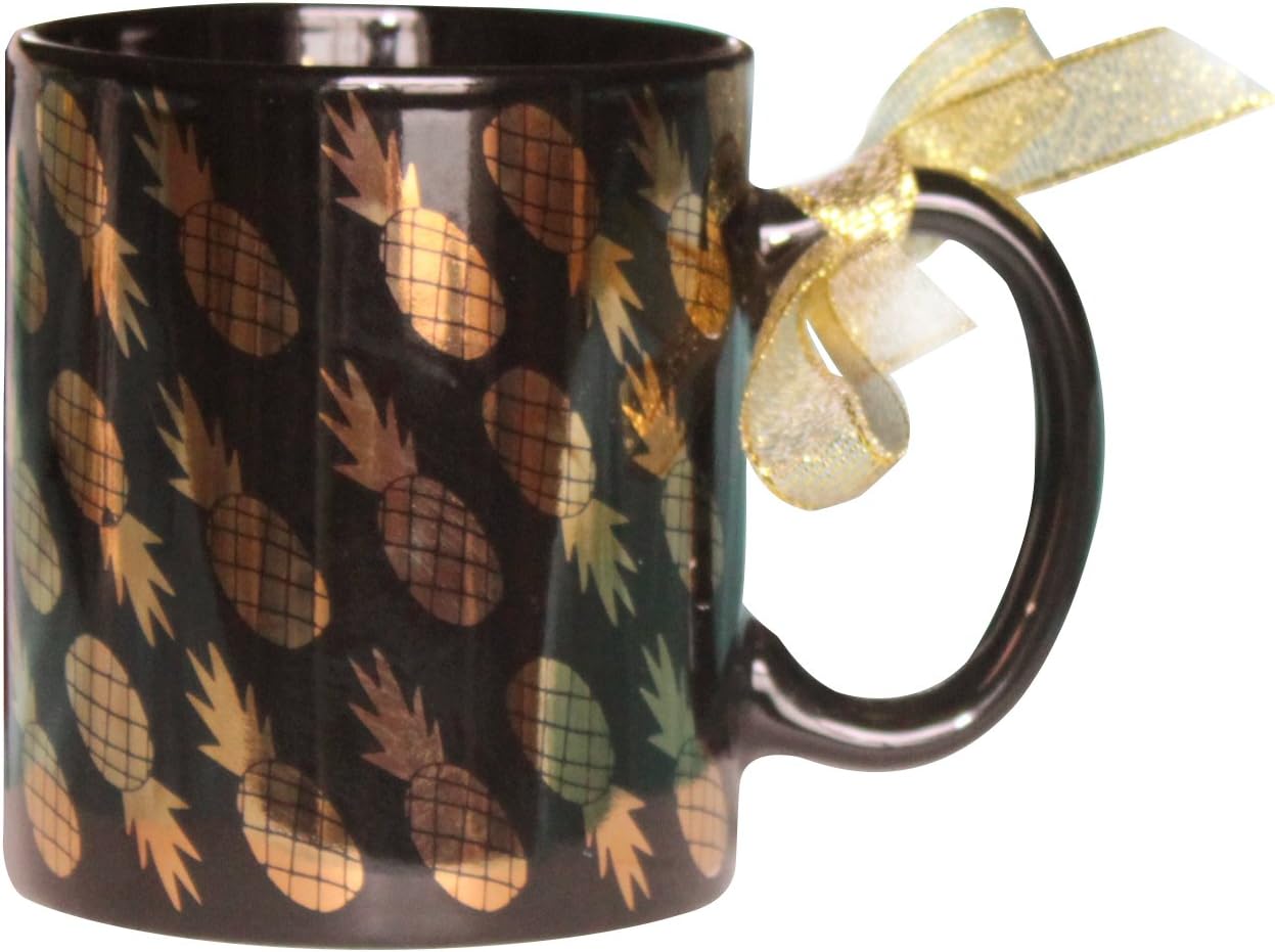 Pineapple Gold Coffee Mug Ceramic Milk Cup Handle Gold Ribbon 11oz (Black)