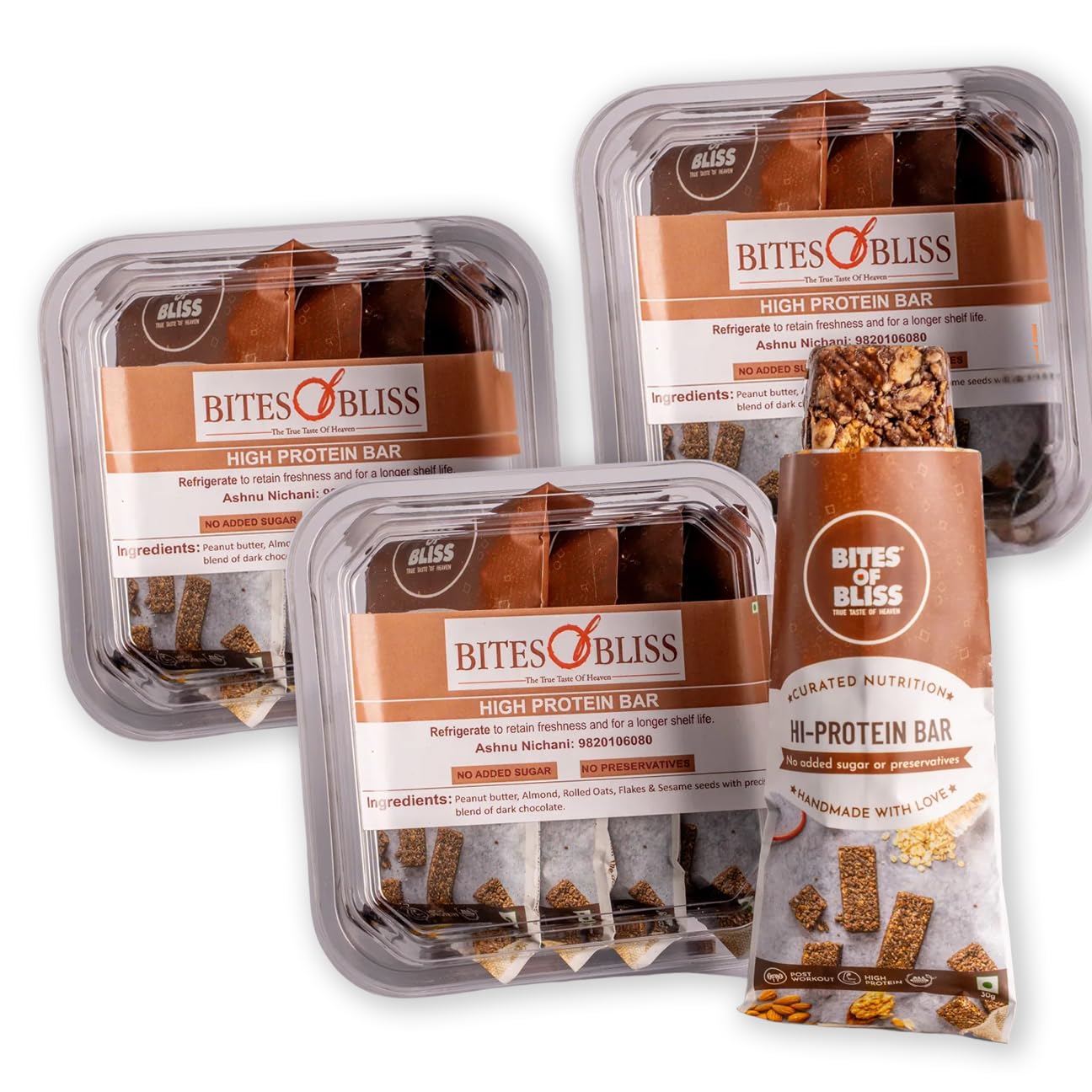 Bites of Bliss Hi Protein Bars | Post-Workout Protein Bar with Peanut Butter, Almonds, Oats, Sesame Seeds & Dark Chocolate | No Added Sugar, No Preservatives | Healthy Chocolate Energy Bars | Protein bars | Triple Pack-image-31
