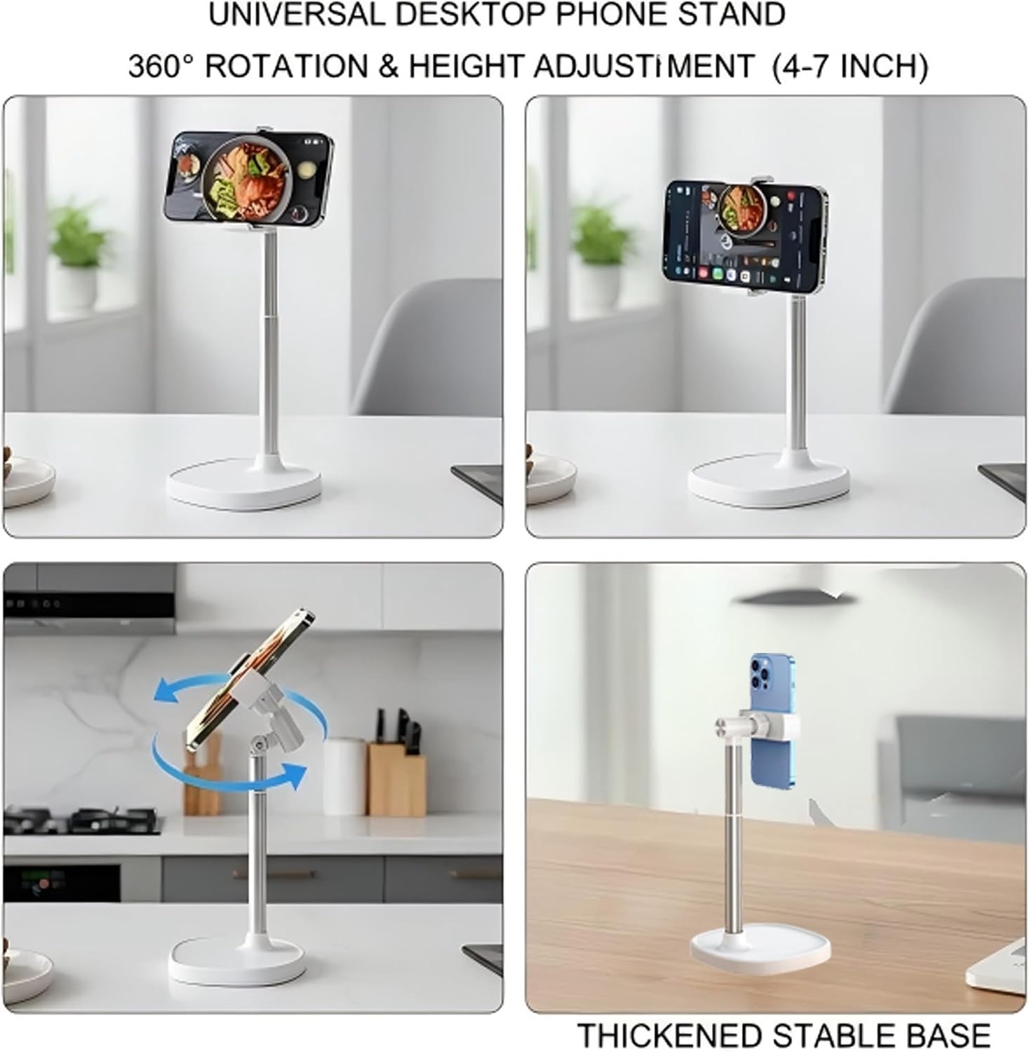 Cell Phone Stand for Desk, Adjustable Height & Angle Phone Holder, 360° Rotation Retractable Desktop Phone Stand for iPhone Samsung and All Smartphones (White)