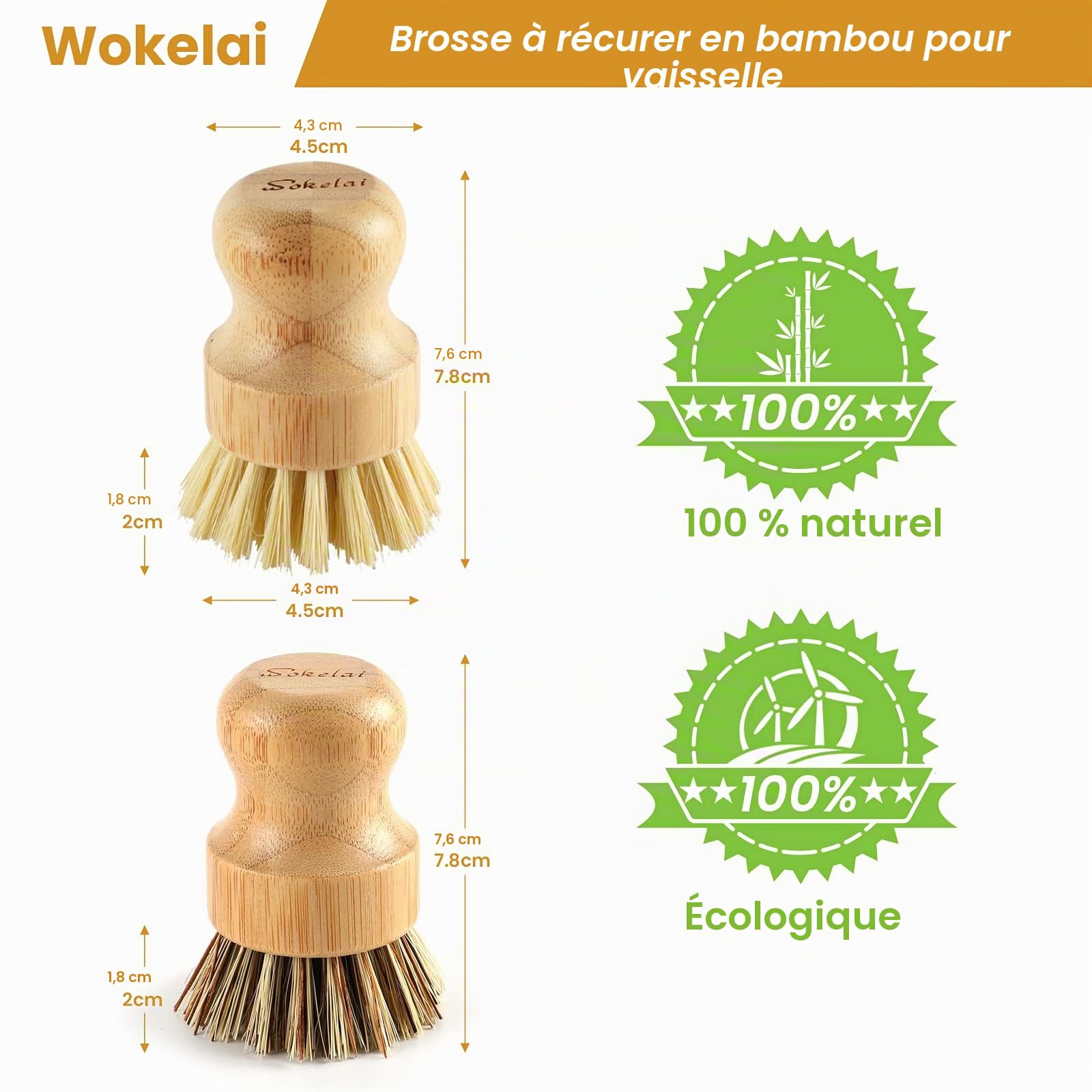 Brosse à vaisselle en bambou pour cuisine – Respectueux de l'environnement en fibre de sisal naturel pour la vaisselle, les casseroles, les poêles, les légumes, l'évier