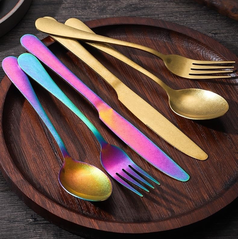 Silverware Flatware Set, 5/20/30/40/50/60pcs Retro Stainless Steel Table Knife Fork Spoon Hotel Steak Knife Fork Spoon Tableware Set(Rainbow,20 Pieces for 4)
