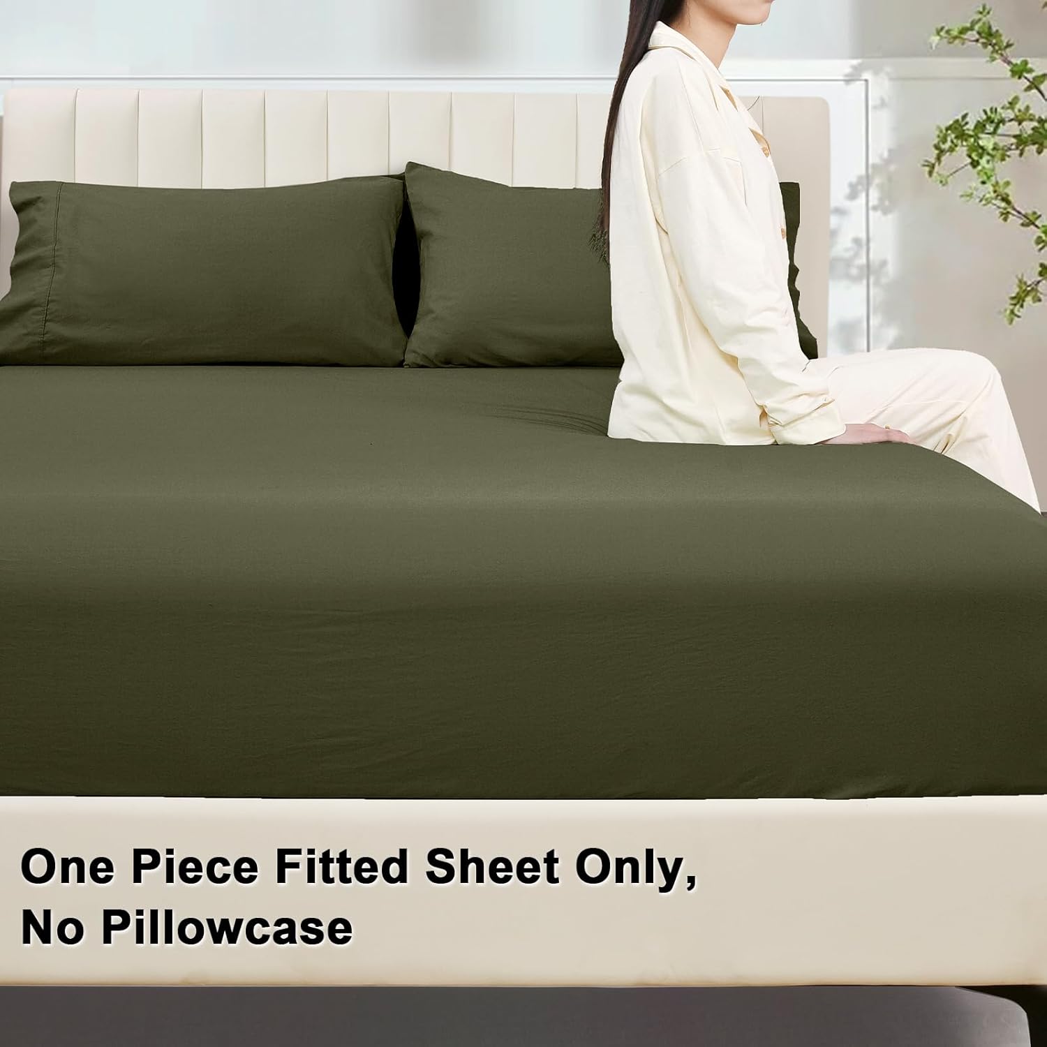 PHF 100% Garment Washed Cotton Fitted Sheet Queen Size - Cozy Cloud Soft Linen Like Bottom Sheet Only with Elastic Deep Pockets, Easy Fit Breathable Warm not Shrink,60"x 80",Olive Green,No Pillowcase