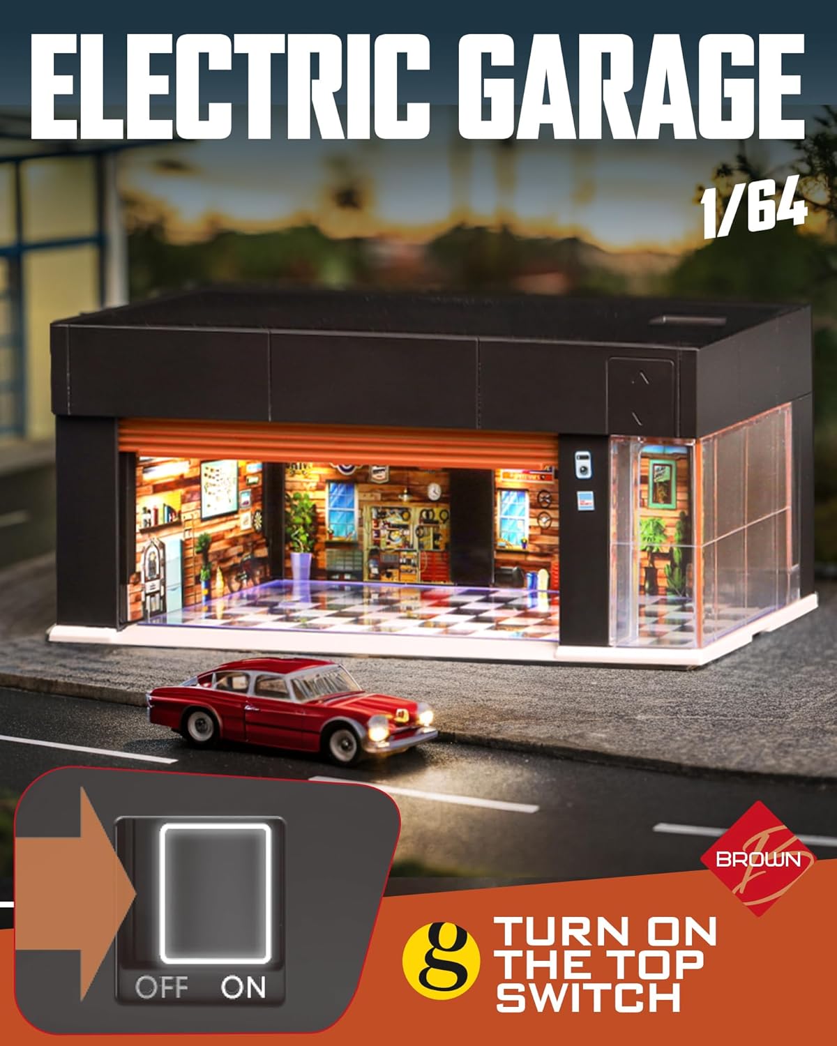 1/64 Scale Diecast Display Case for Hot Wheel Storage with LED Lights, Stackable Electric Garage with Voice Control, 3 Replaceable 3D Scenes Parking Lot Diorama for Model Cars (Brown)