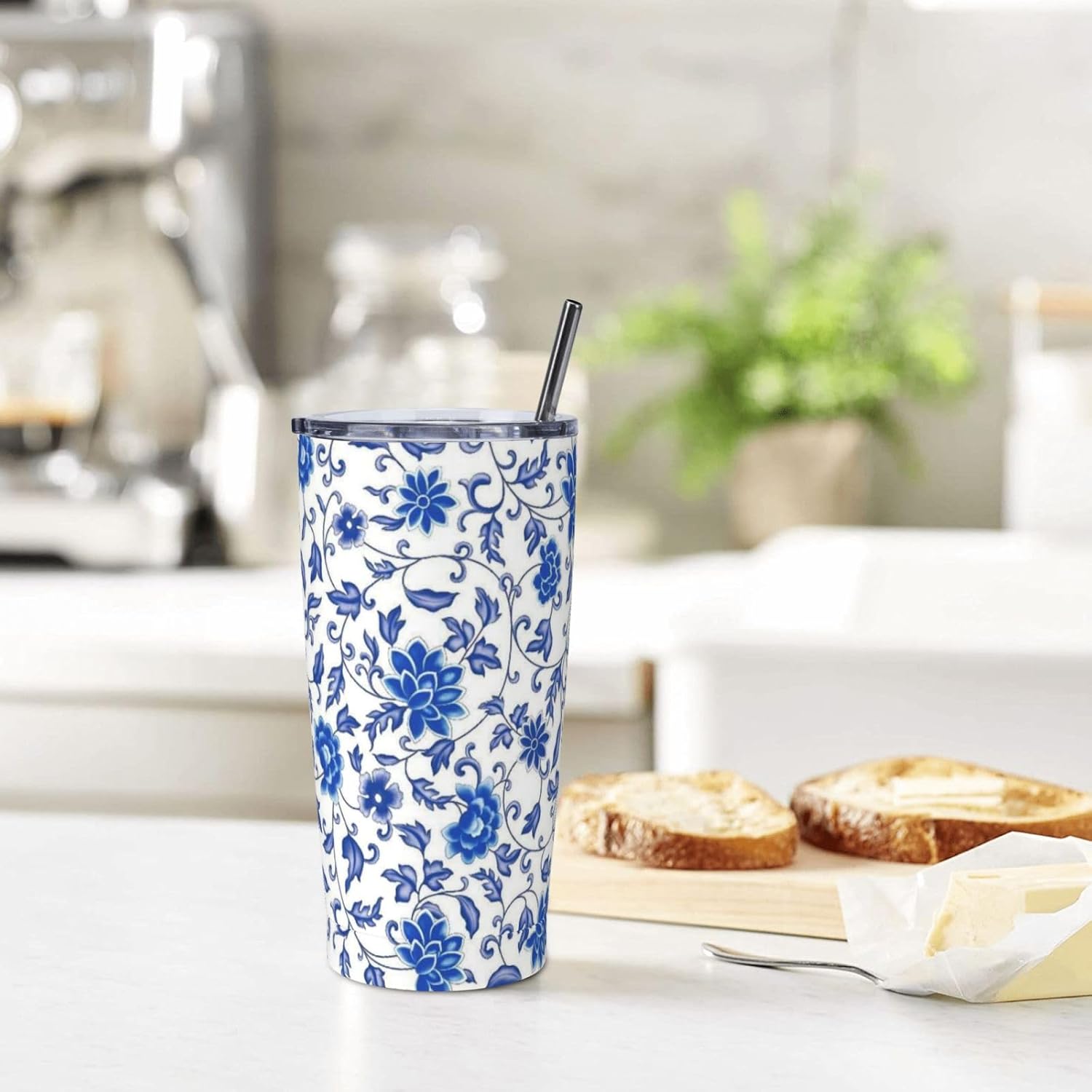Floral Tumbler with Lid and Straw Flower 20oz Insulated Stainless Steel Cup Blue Travel Coffee Mug Water Bottle for Women Gift for Birthday Christmas - Image 7