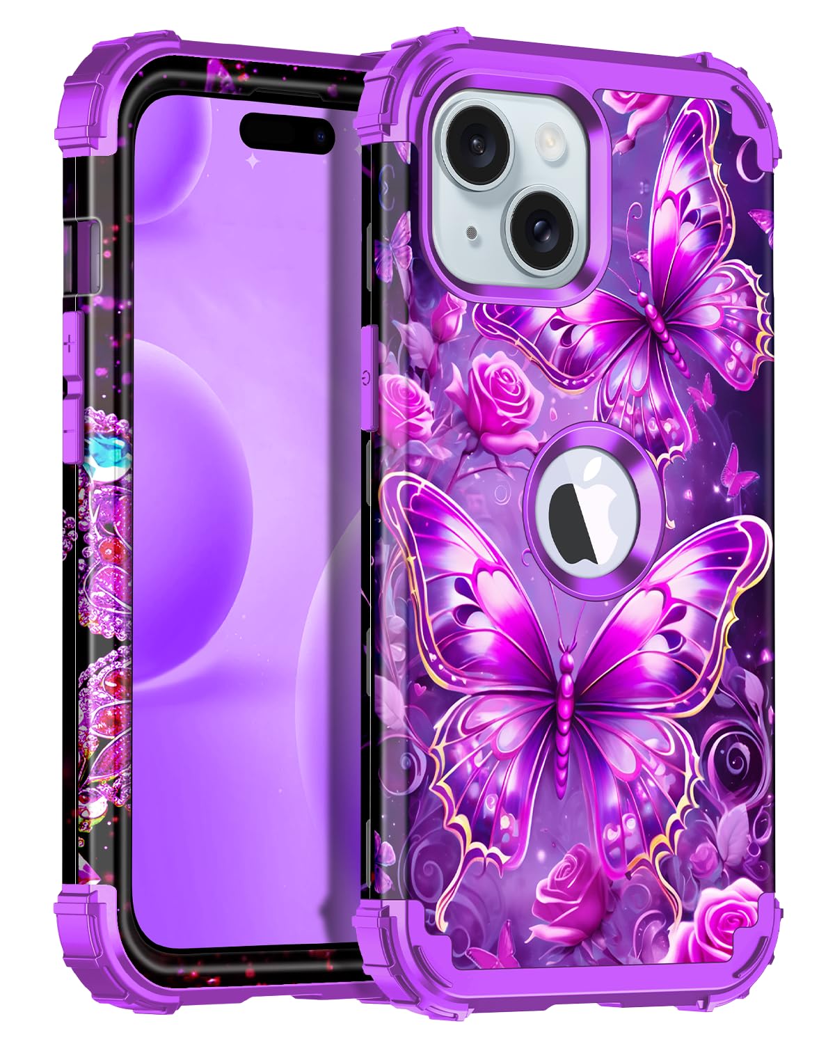 Miqala Compatible with iPhone 15 Case,Glow in The Dark Three Layer Heavy Duty Shockproof Hard Plastic Bumper+Soft Silicone Protective Case for iPhone 15 6.1 inch,Shiny Purple