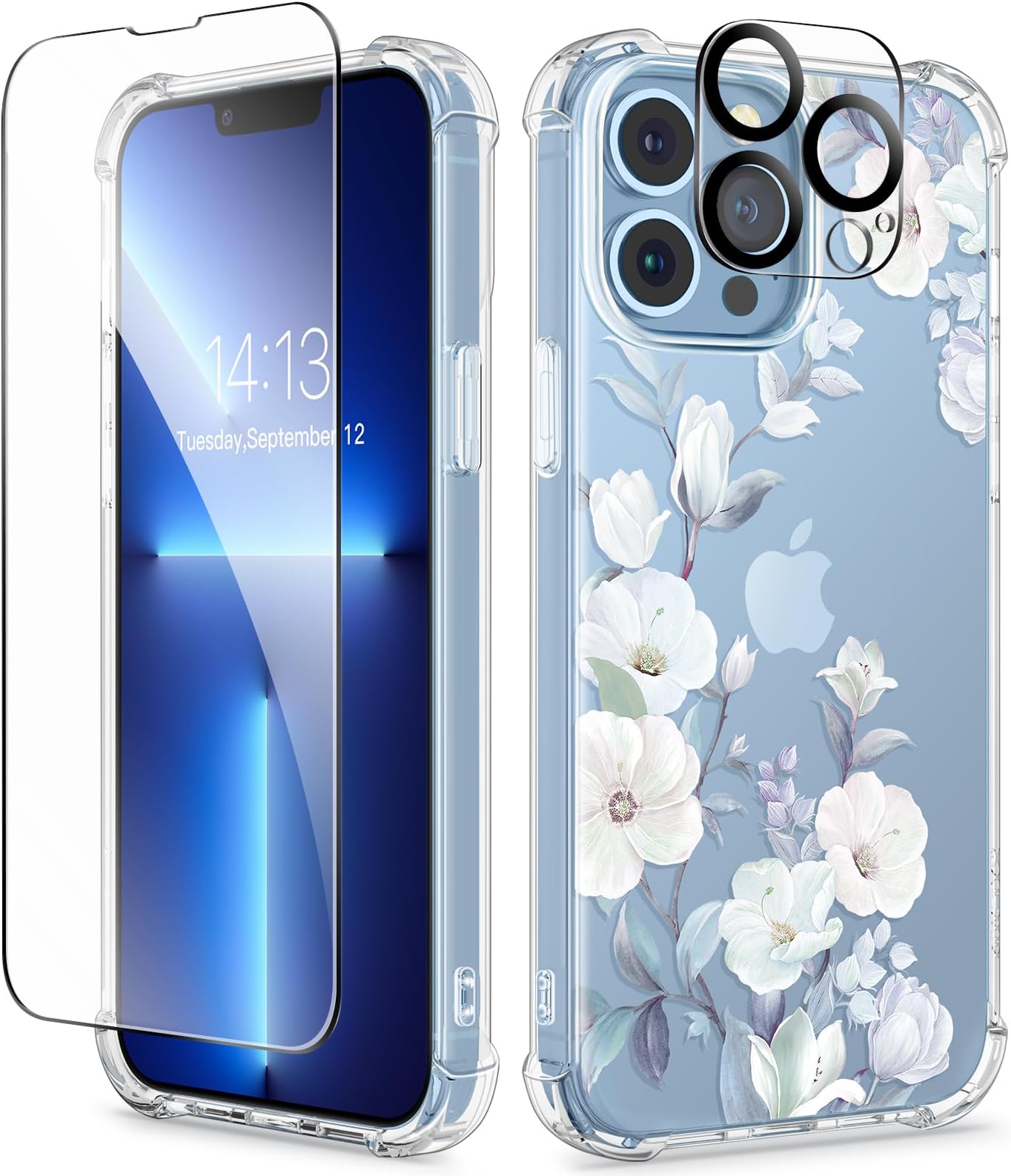 for iPhone 13 Pro Case Floral, with Screen Protector&Camera Lens Protector,[Non Yellowing] Soft Shockproof Clear Phone Protective Cover for Women, Flower Pattern Design 6.1"(Hibiscus)