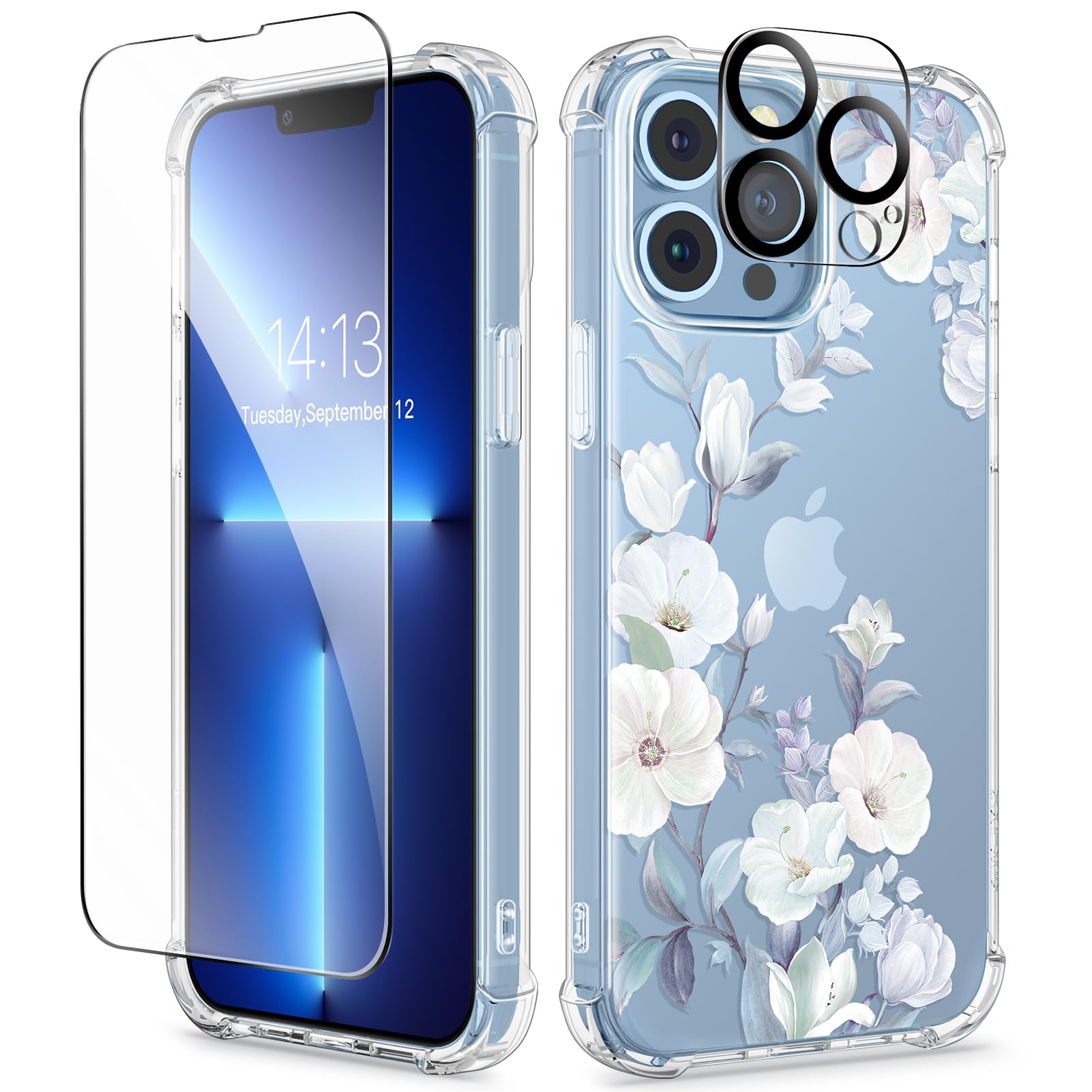 GVIEWIN for iPhone 13 Pro Case with Screen Protector & Camera Lens Protector, [10FT Military Grade Drop Protection] Clear Shockproof Slim Fit Floral Phone Case for Women Girls 6.1" (A-Hibiscus)