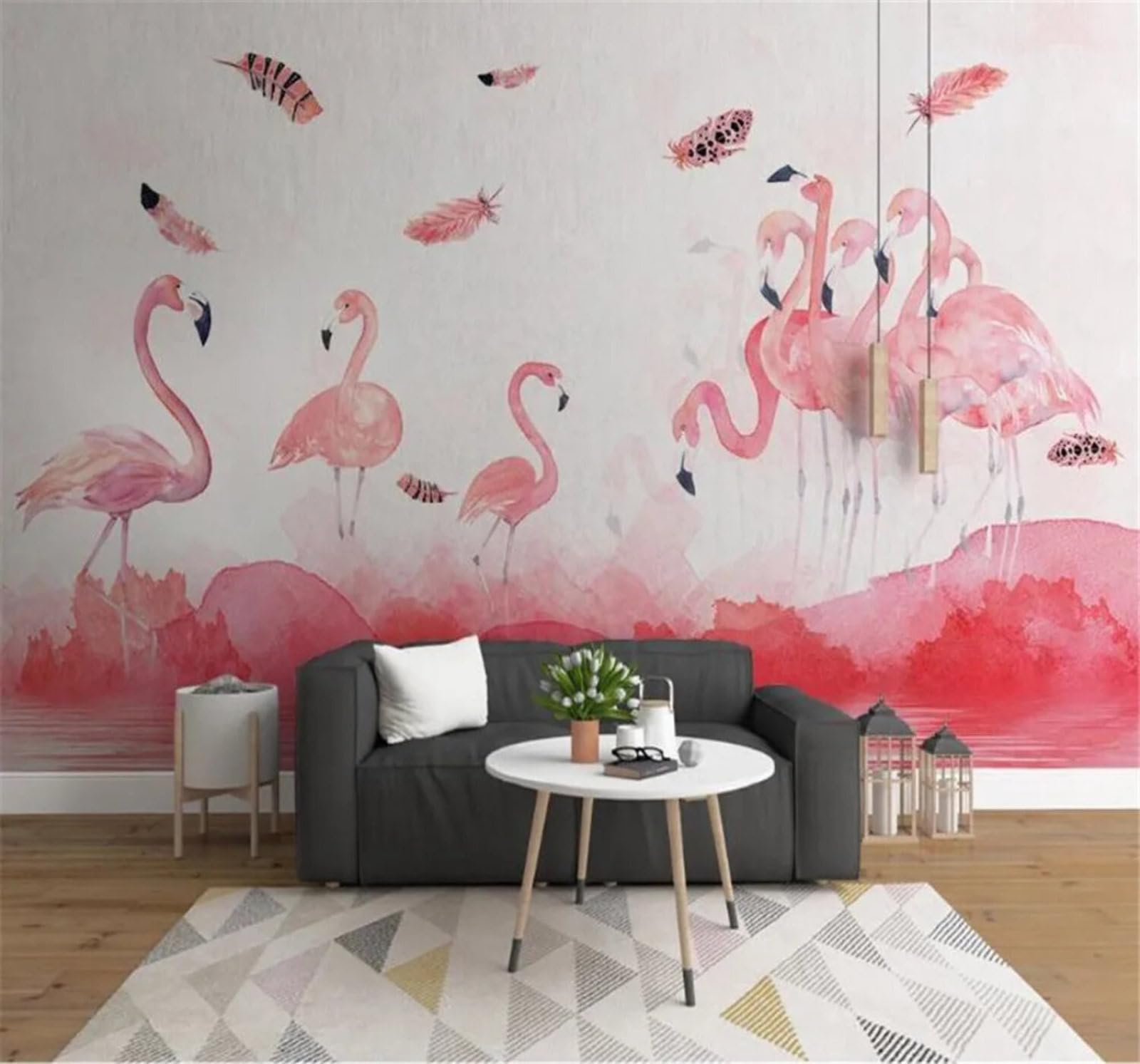 Tzxztt Minimalist Elegant Hand Drawn Flamingo Feathers Modern 3D Wallpaper Premium Textured Silk Neutral Tones Material Ideal for Living Room Bedroom-250cm×170cm