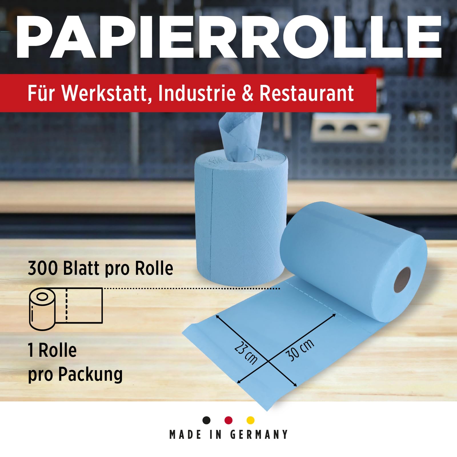 TECPO Rotolo di carta da 3600 fogli, 23 x 30 cm, a 2 strati perforati, rotolo di panno riciclato blu, per pulizia assorbente, adatto per industria, officina, ristorante e commerciale (12 x 300 fogli)