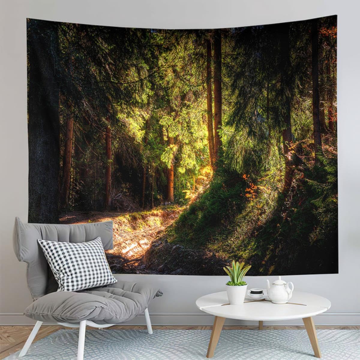 Arazzo con foresta, paesaggio naturale, verde bosco, arazzo da appendere alla parete, arazzi per camera da letto, casa, soggiorno, dormitorio-6, larghezza 150 x altezza 150 cm