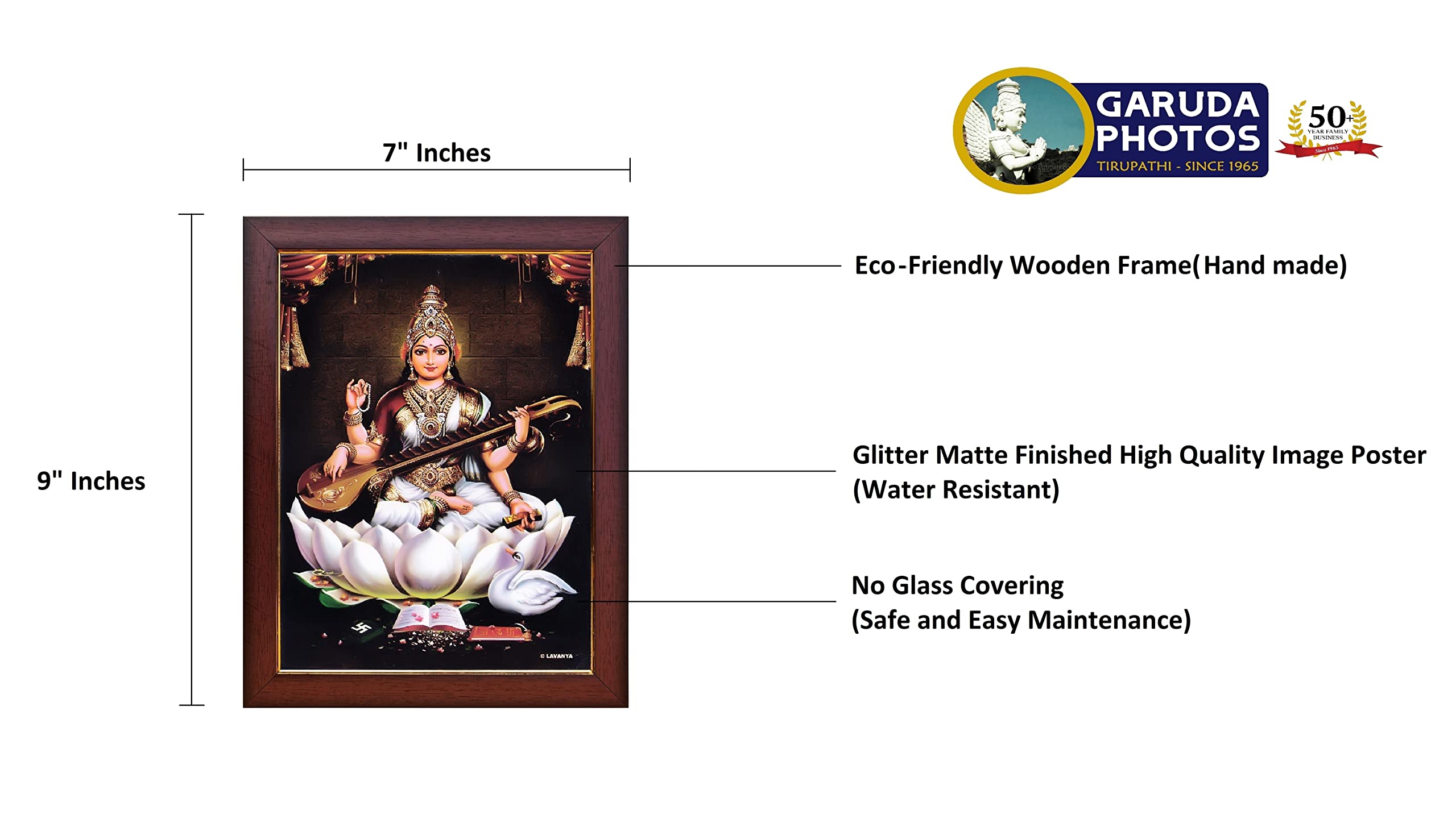 Garuda Photos - Goddess Saraswati Devi Photo Frame; Saraswati maa; Saraswati mata; Saraswati ma; Saraswathi; saraswathy; sarasvathi; sarasvati; sarsvati; sarswati; sarasvathi devi; sarasvati mata; sarsvati ma; sarswati ma; God; mata; maa; ma; matha; ji; ki; Pooja (Small 9 X 7 Inch)