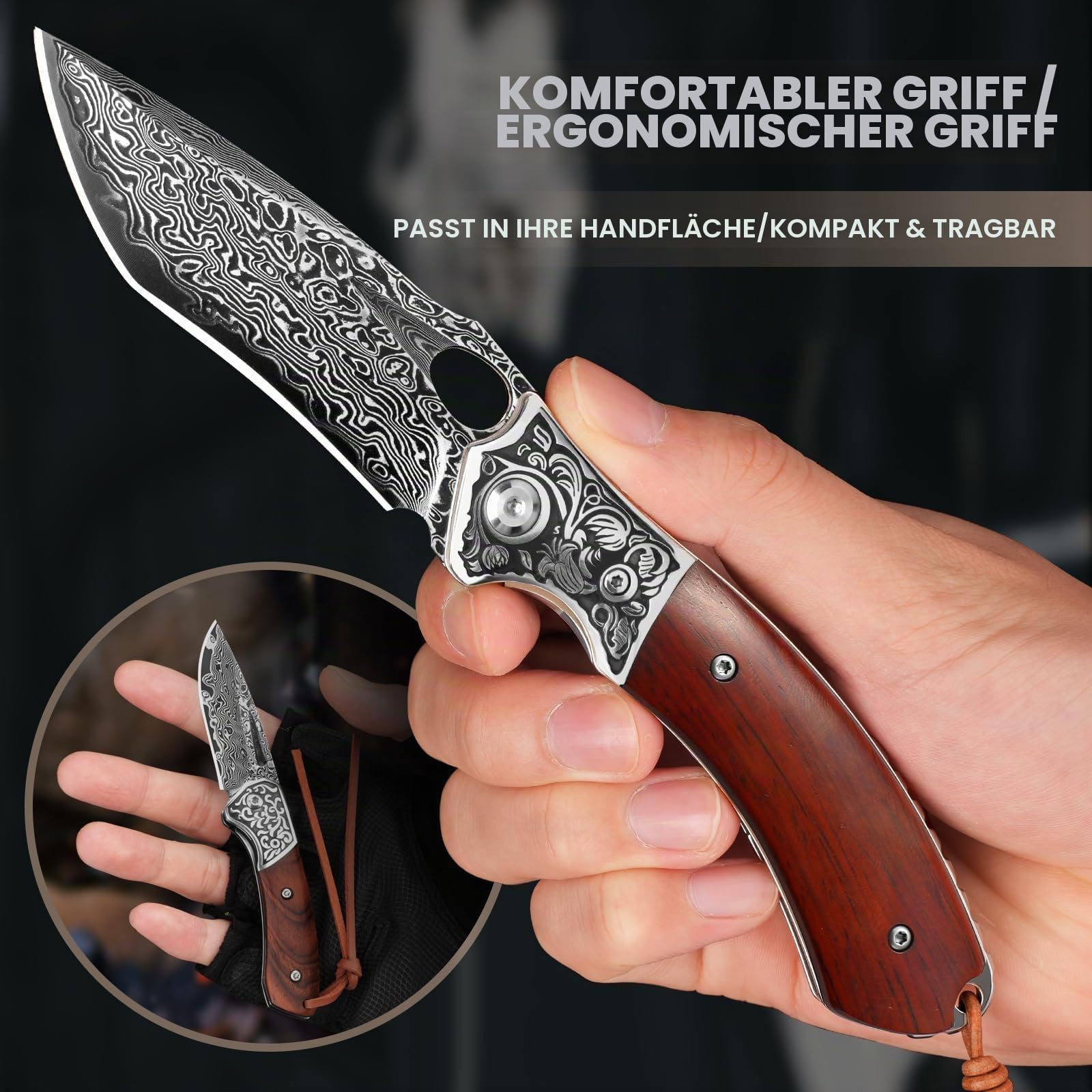 DRACHENADER Damast-Taschenmesser Set, 2er Klappmesser aus 67 Lagen VG10 Damaststahl, Zweihandmesser mit Liner Lock, §42a-konform, Enthält RUBY SEED und HB mit Lederscheide