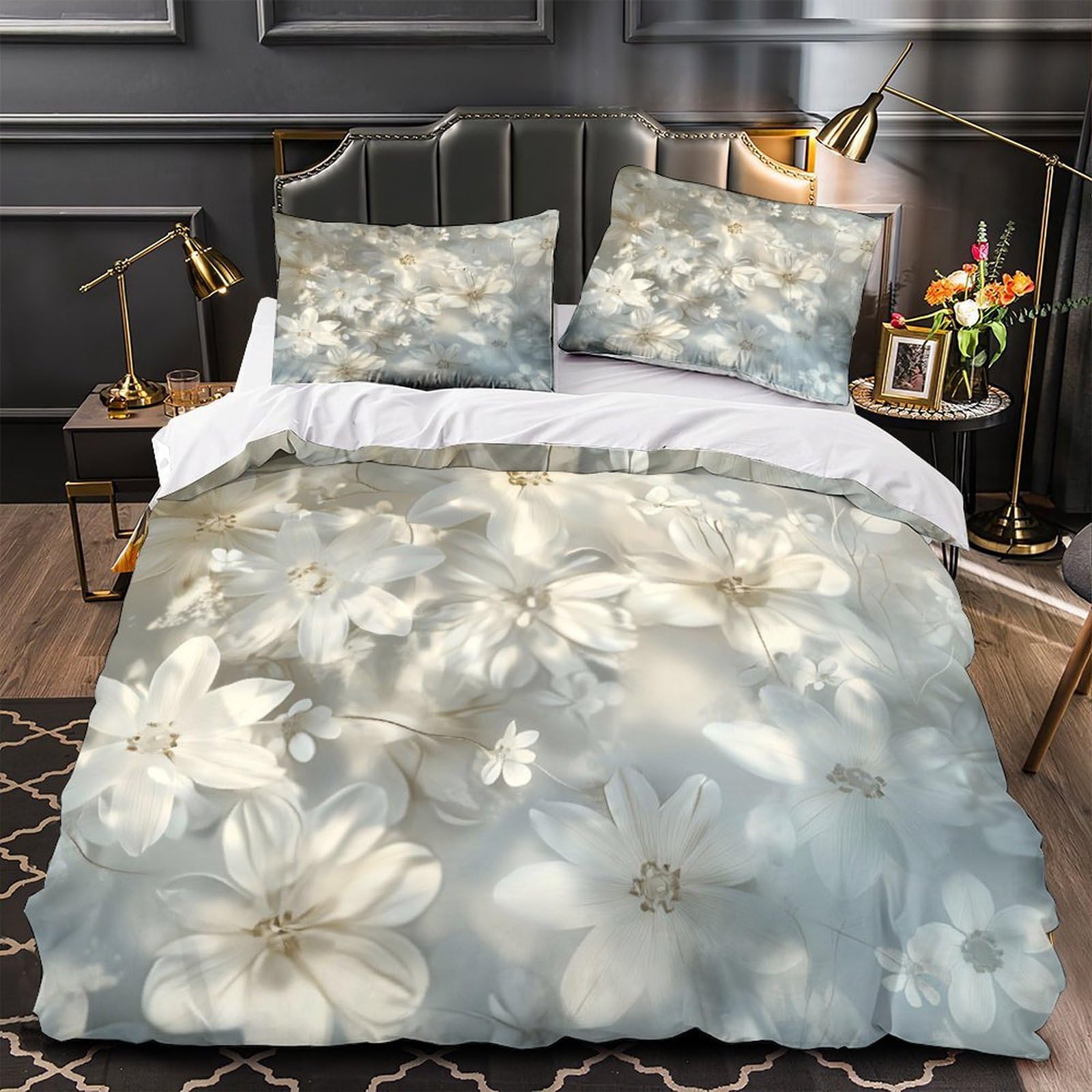 Style pastel doux avec cette parure de lit fleurs blanches pour chambre