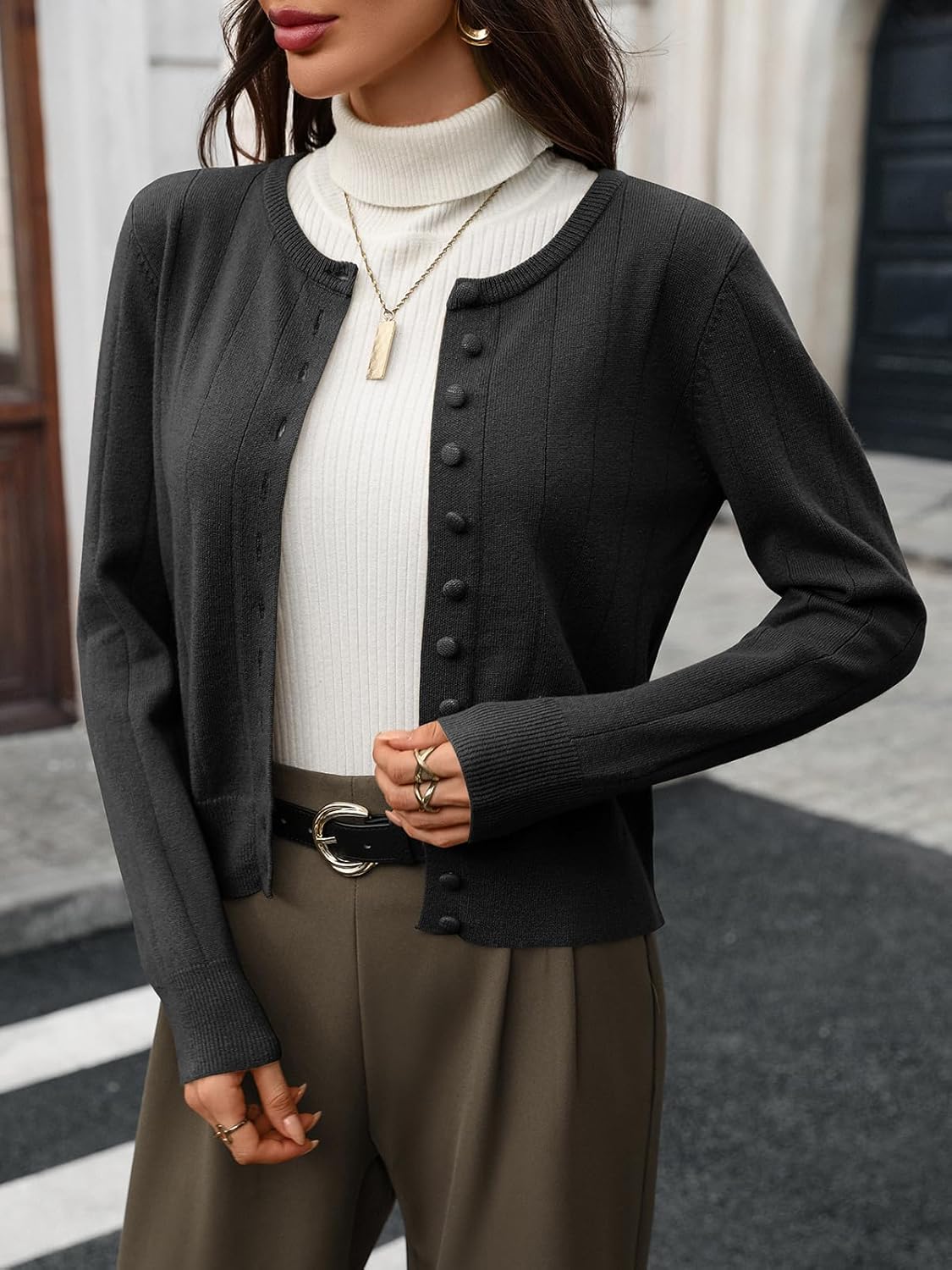 Women's 100% Wool Cropped Cardigan Ribbed Round Neck Button Down Cozy Lightweight Knit Sweater for Office Casual Outfits - Image 2