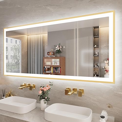 Miniatura 80 de Espejo de baño LED de 20x28 pulgadas con marco negro, espejos de baño retroiluminados y con luz frontal para pared, antiempañamiento, regulable, con