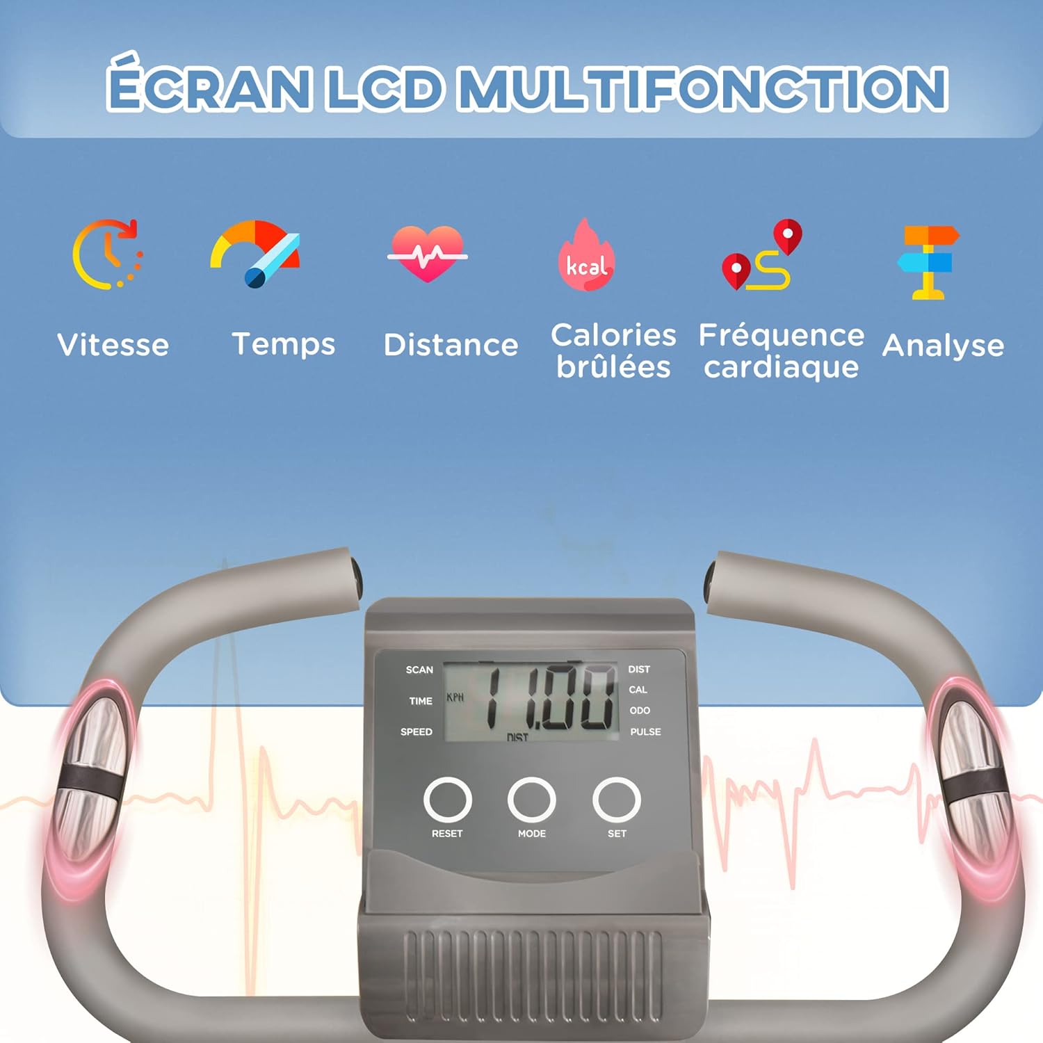 Multifunction LCD display showing speed, time, distance, calories, and pulse