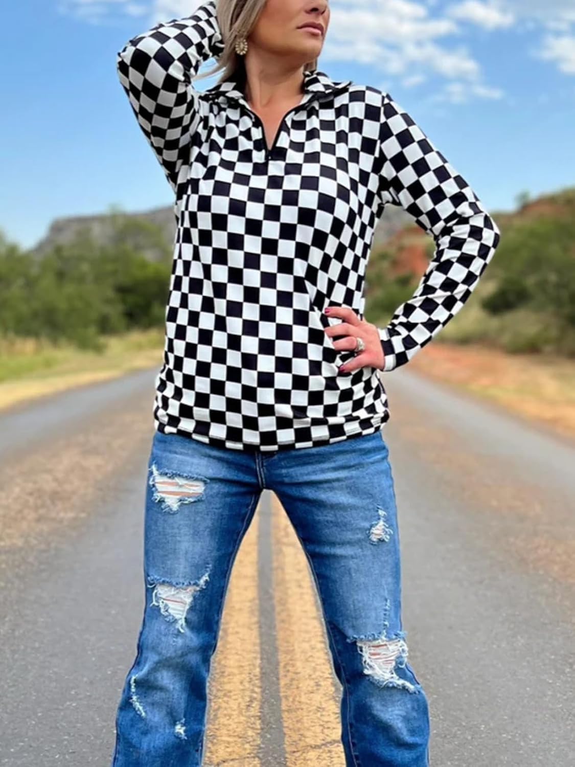 Womens Pep Rally Checkered Sweatshirts Game Day Spirit Shirt Quarter Zip Long Sleeves Pullover Tops with Pocket