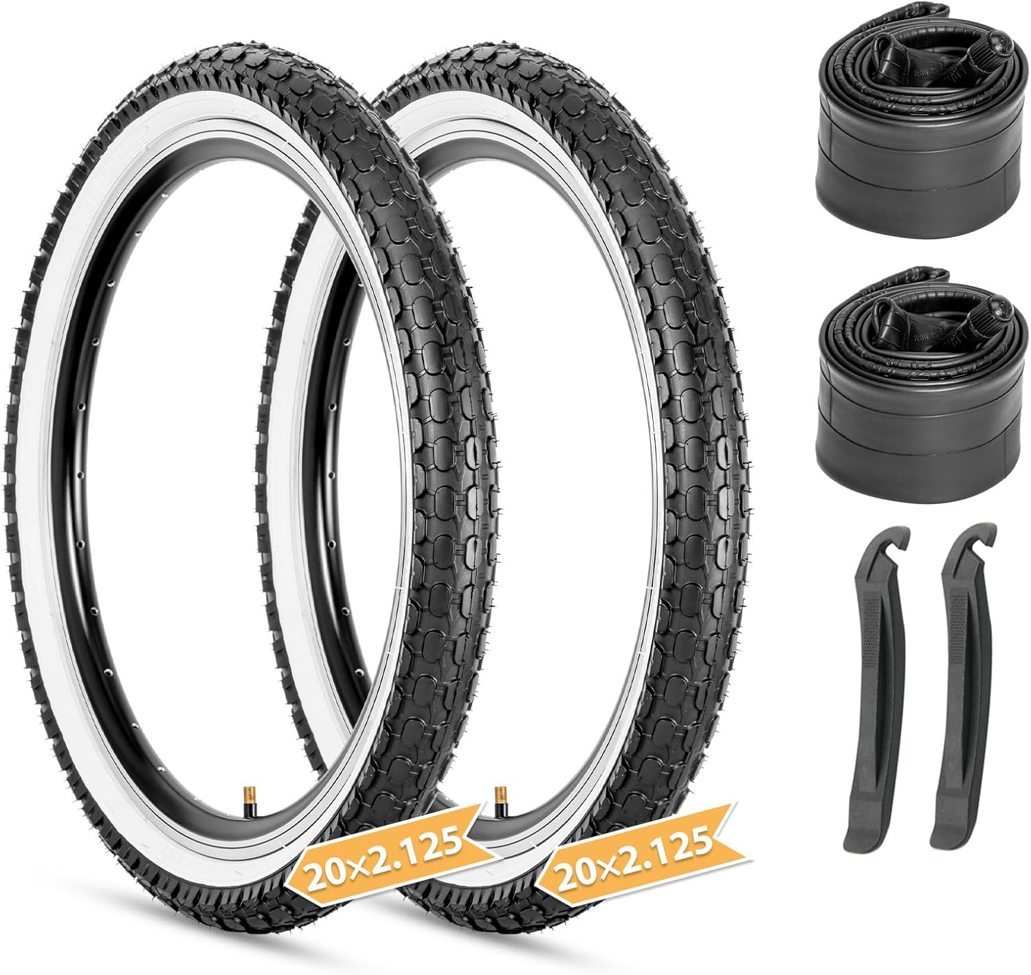Hycline Kids Bike Replacement Tires Set：2-Pack 16/20x2.125 Inch Premium Butyl Rubber Wear-Resistant Folding Bicycle Tires and 2 Pcs Bike Tubes Schrader Valve with Tire Levers for BMX Urban