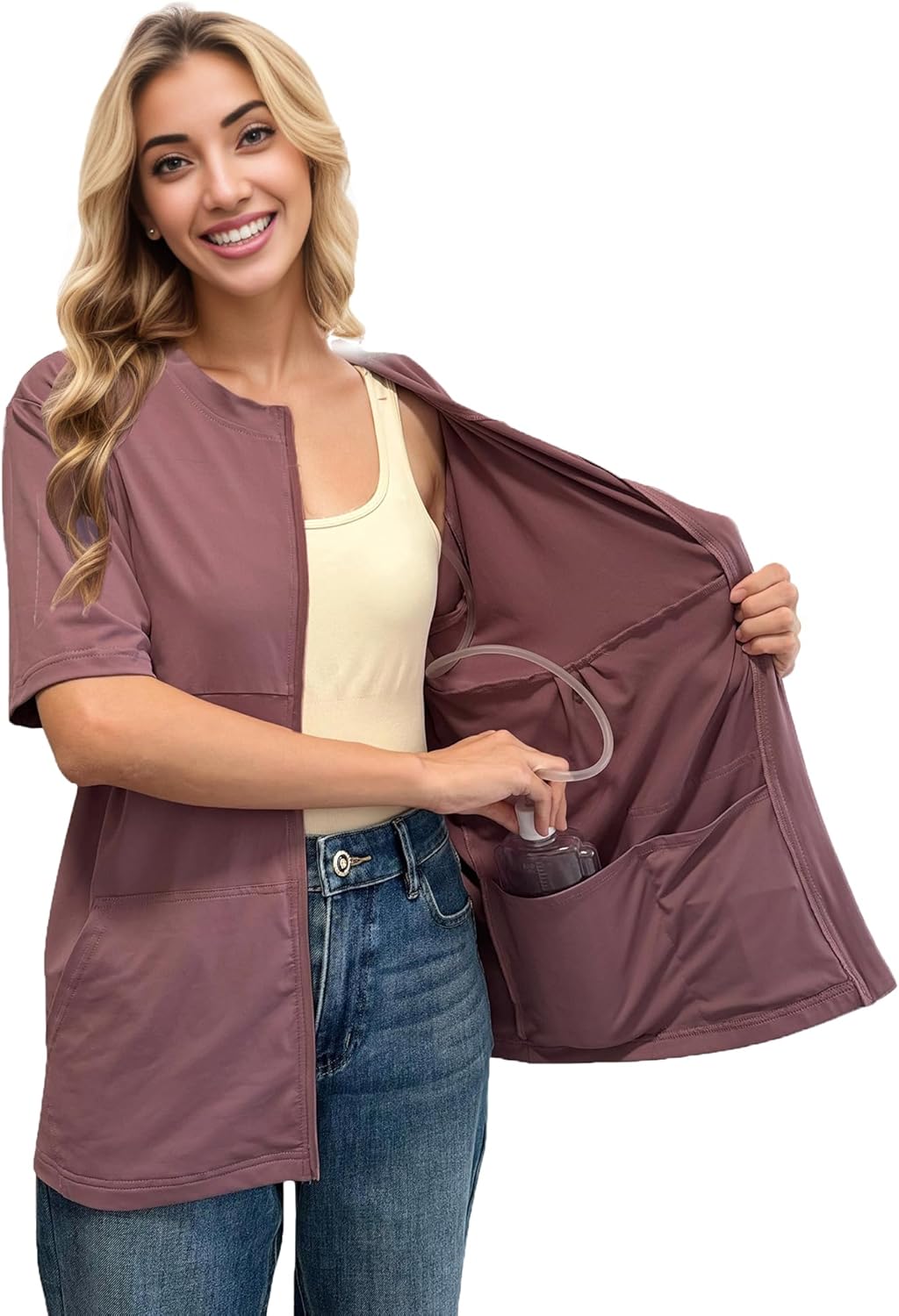 RAGEMALL Post Mastectomy Shirts with Drain Pockets Surgery Recovery Must Haves Clothing Comfy Front Zip Up Short Sleeve Tops - Image 2