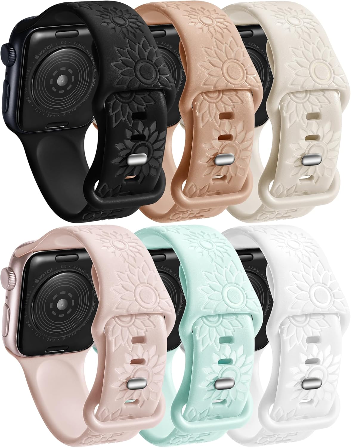 6 Pack Flower Engraved Bands Compatible Apple Watch Band With 38mm 40mm 41mm 42mm 44mm 46mm 45mm 49mm Women Men.Silicone Floral Reflective Sport Strap for iWatch Series 10 9 8 7 6 5 4 3 SE Ultra 2 1 Gem green/Black/White/Starlight/Milk tea/Pink Sand 42mm(