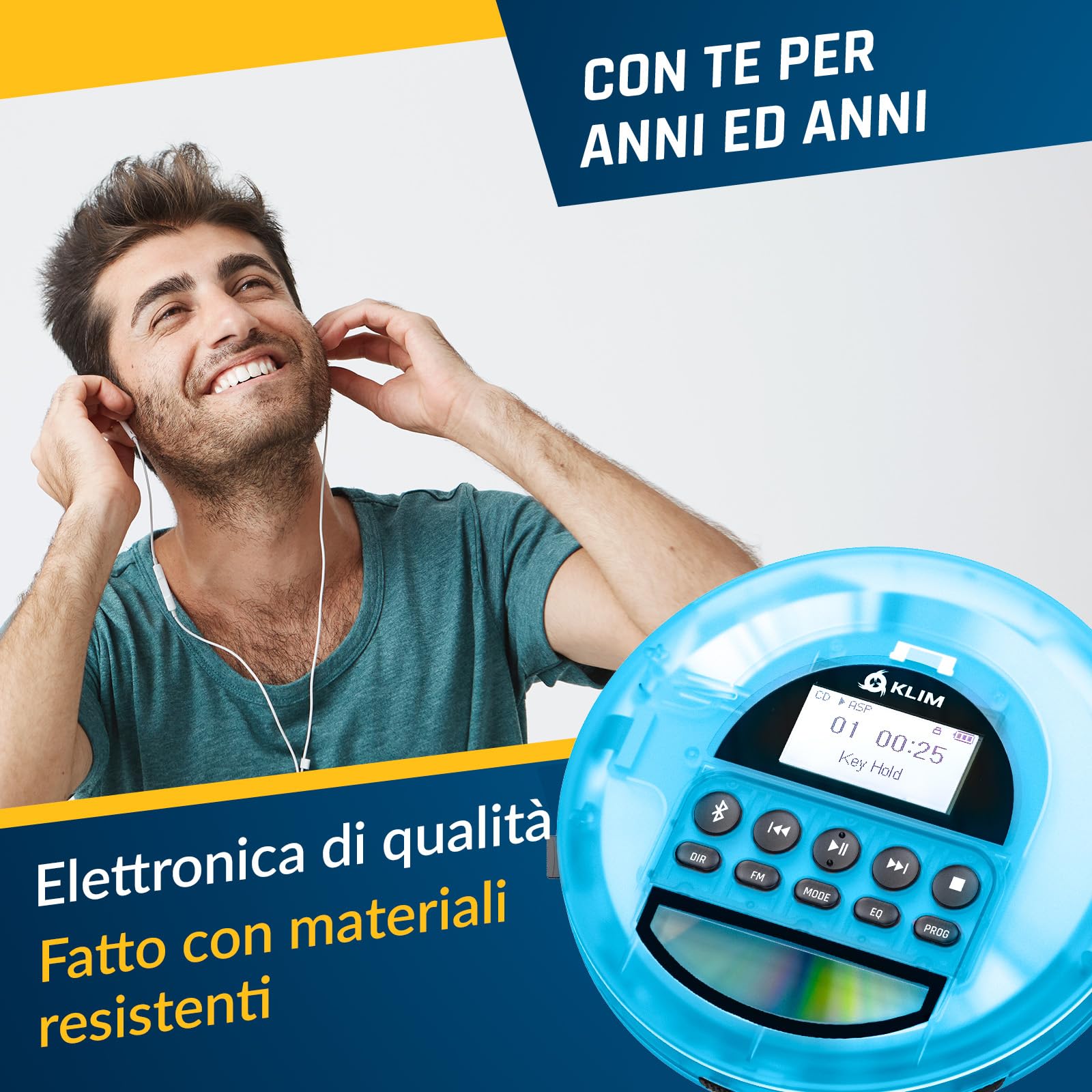 KLIM Nomad Transparent Blu - Lettore cd portatile - Batteria a Lunga Durata - Include Auricolari KLIM Fusion - con CD-R, CD-RW, MP3 - Lettore SD, Radio FM, Bluetooth - Ideale per Auto - Hi-Fi - Nuovo