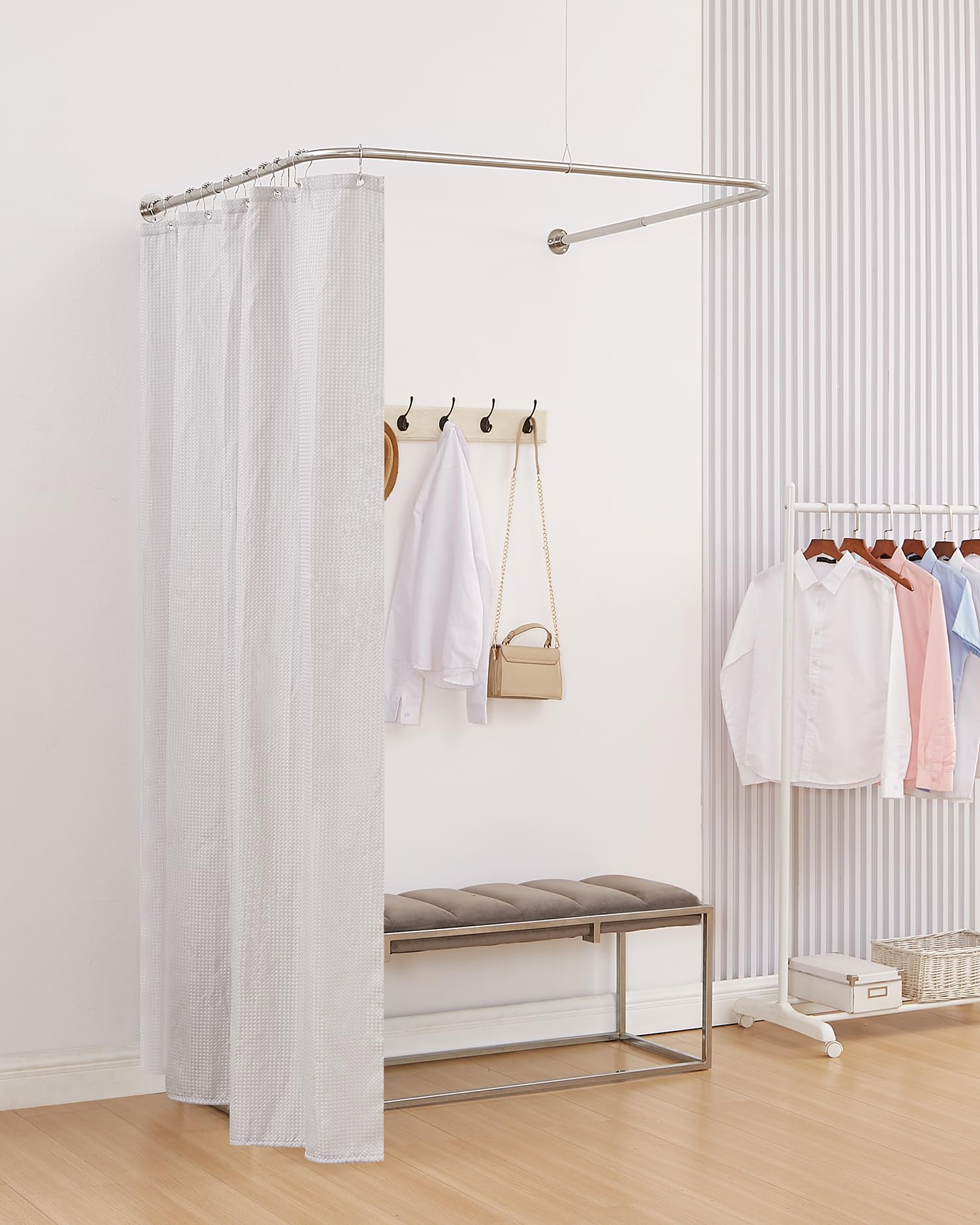 Bastone Tenda Doccia a Forma di U, [Entrambi i lati: 60 cm - 132 cm, Medio: 76,2 cm - 116,8 cm] Barra Doccia Angolare Regolabile per il Bagno con 12 Ganci e Supporto per Soffitto
