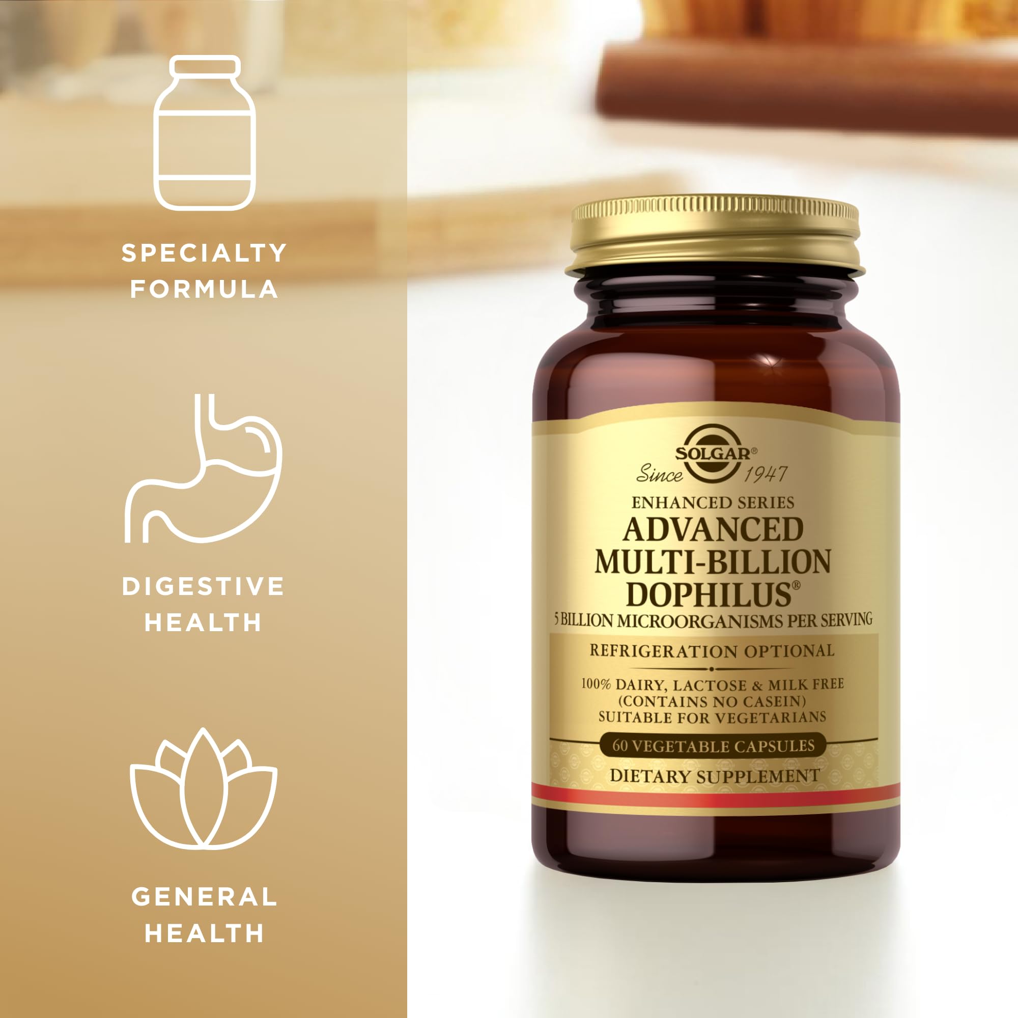 Solgar Advanced Multi-Billion Dophilus 60 Vegetable Capsules – Multi-Strain Probiotic Supplement to Support Gut Flora Balance, No Refrigeration Needed, Premium Quality for Adults