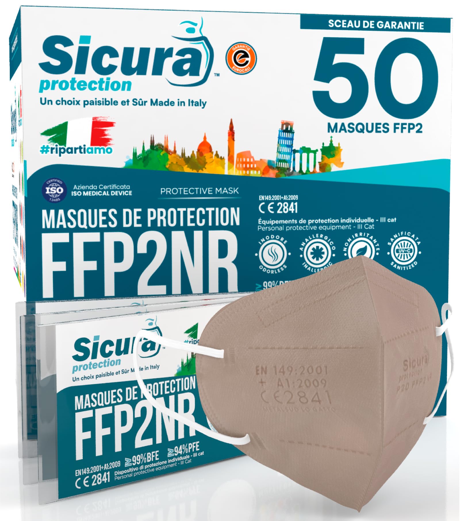 50 masques FFP2 certifiés CE Beige avec élastiques blancs Logo en relief SICURA BFE ≥99% Fabriqué en Italie Masques FFP2 SANITISÉS et scellés individuellement
