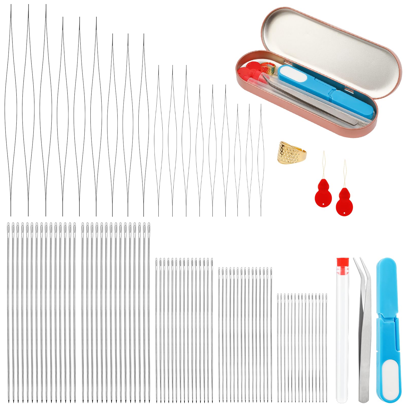 kdafio 100 Pcs Beading Needles Set,75 Pcs Long Straight Beading Thread Needles 18 Pcs Big Eye Beading Needles with Threader, Needle Bottle, Yarn Scissors,Tweezers for Bracelets and Jewelry Making