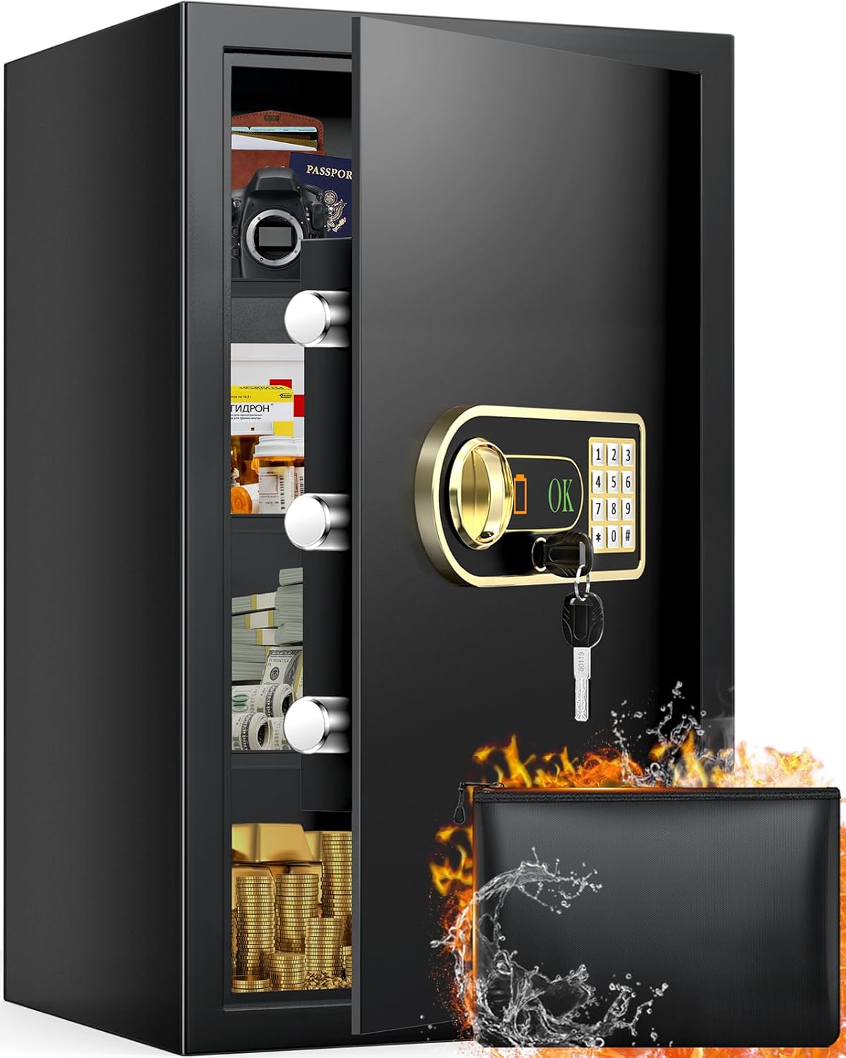 Caja fuerte grande de 6.0 pies cúbicos con bolsa impermeable ignífuga, teclado electrónico, llaves de repuesto, sistema de alerta inteligente y 3