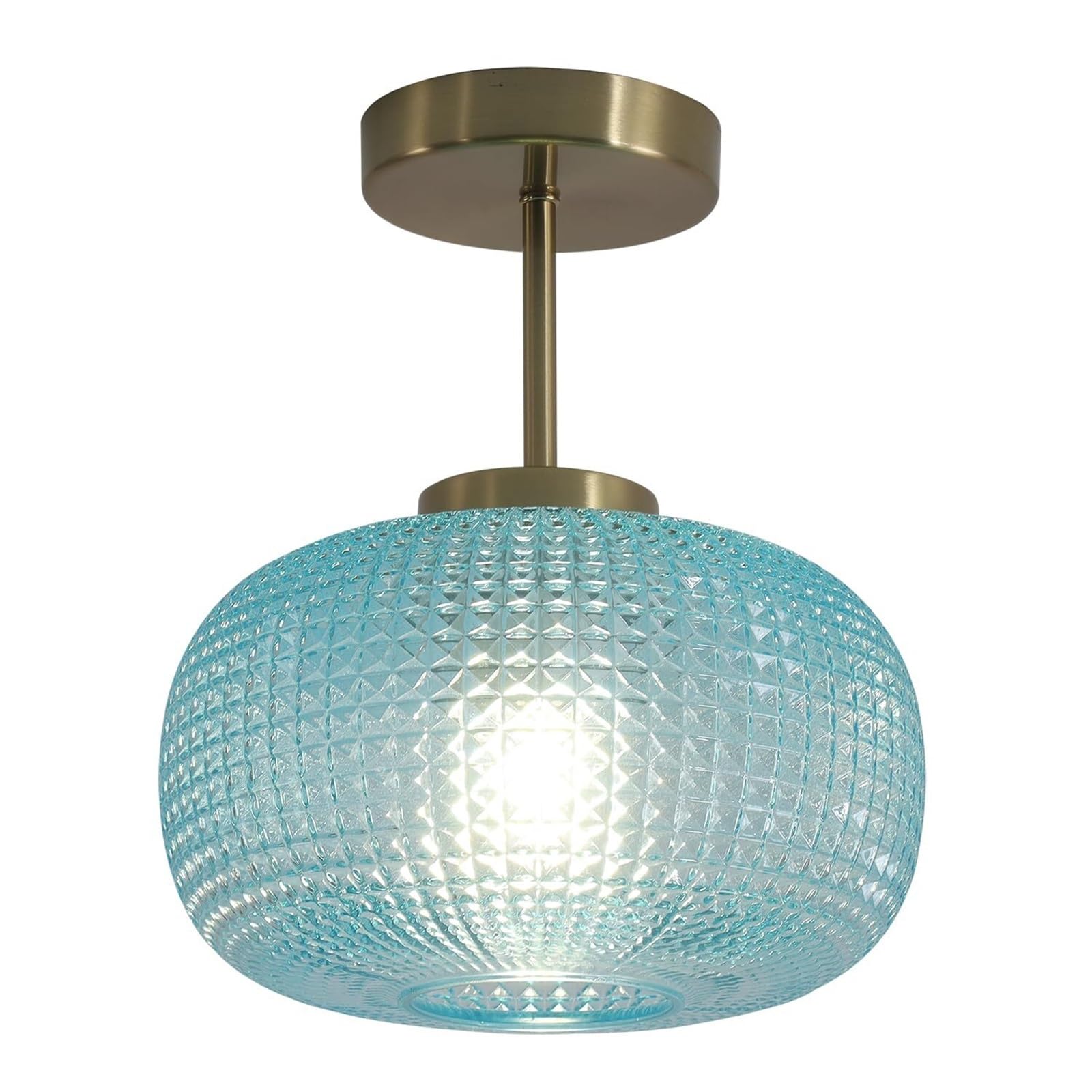KHUKHU Antique Brass Semi Flush Mount Ceiling Light Blue Glass Flush Ceiling Light Fixture Vintage Brushed Gold Hallway Light Porch Ceiling Light Fixtures Globe Close to Ceiling Light(A)