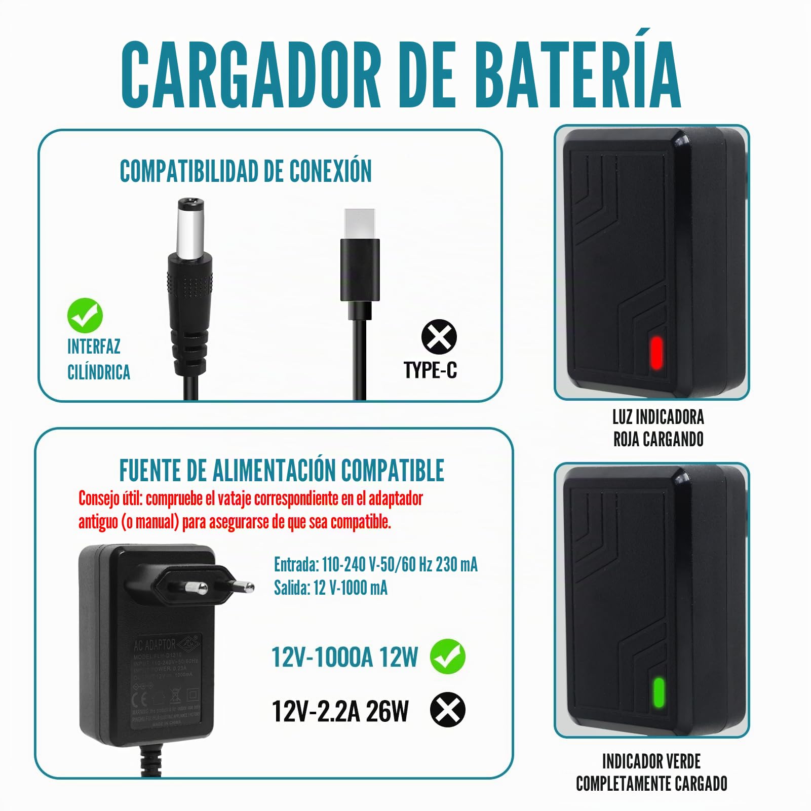 Cargador de 12 V para coche eléctrico infantil, cargador universal de 12 V 1 A, para coche eléctrico infantil, paseo en juguetes, para SUV ATV moto, coche, eléctrico de motocicleta, coches eléctricos